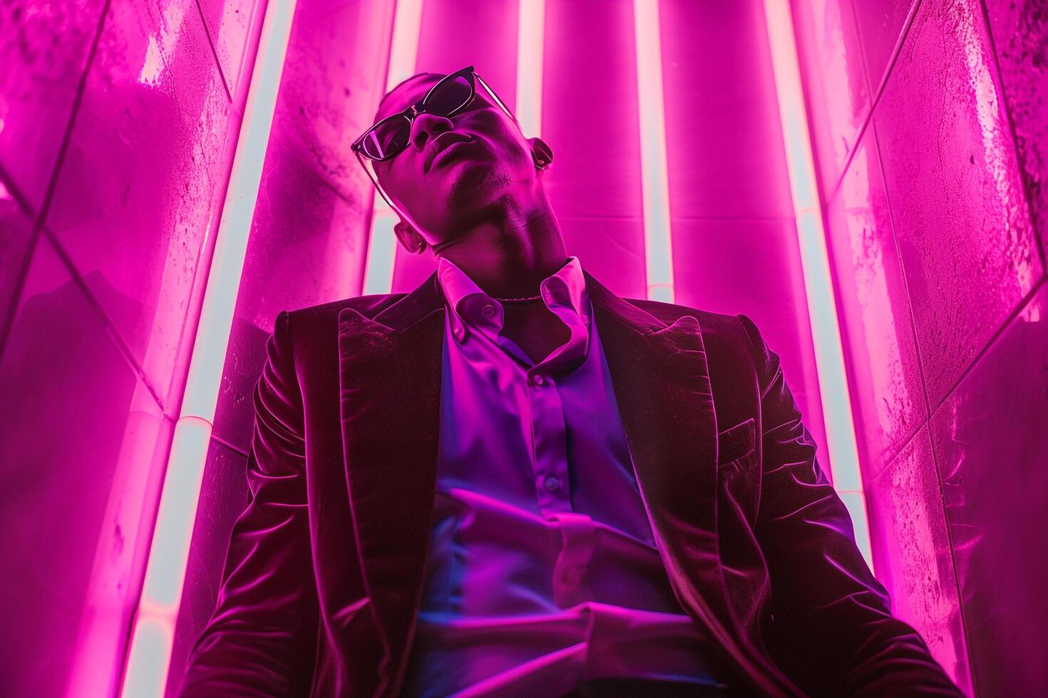 Velvet Jacket Clad Male Fashion Model in Neon purple Lifestyle Background High Fashion portrait with Rich Textures and Colors photo