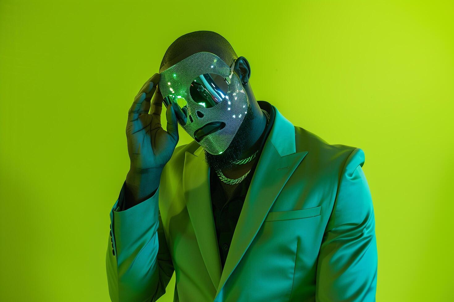 Male Fashion Model in Casual Suit and Face Mask with Neon Green Lifestyle Background Trendy Style with Bold Neon Green Highlights photo
