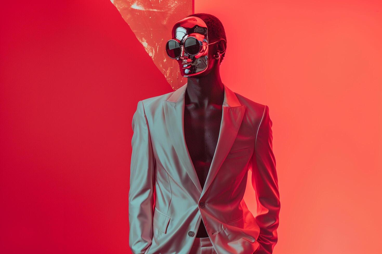 Male Fashion Model in Casual Suit with Face Mask and Neon Coral Lifestyle portrait Stylish and Comfortable Look with Bright Coral Details photo