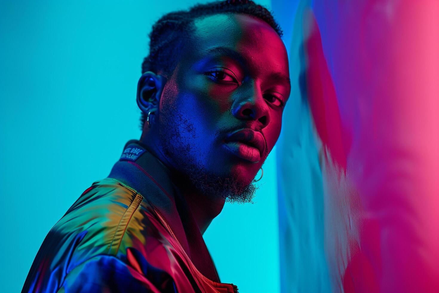 Trendy Jacket and Face Mask Wearing Male Fashion Model in Neon Aqua Lifestyle portrait Modern and Fresh Fashion with Bright Aqua Hues photo