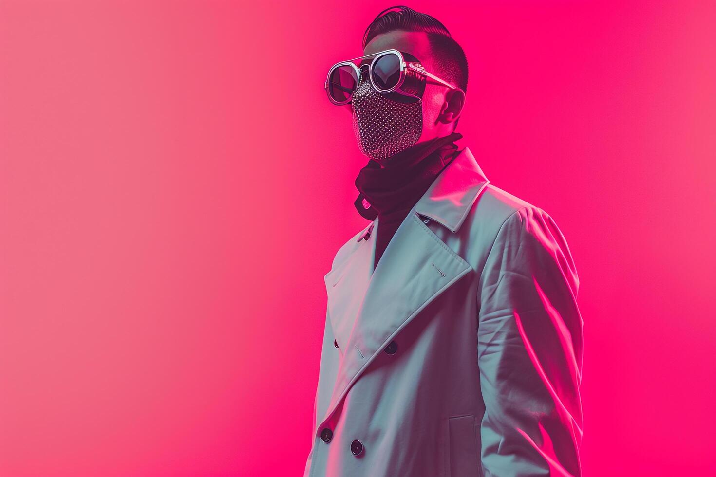 Neon pink Lifestyle portrait of Male Fashion Model in Casual Overcoat and Face Mask Trendy and Relaxed Fashion with Bold pink Details photo