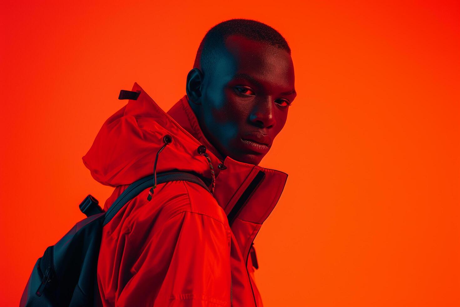 Neon Coral Lifestyle portrait of Male Fashion Model in Trendy Jacket with Face Mask Fashionable and Modern with Bold Coral Accents photo