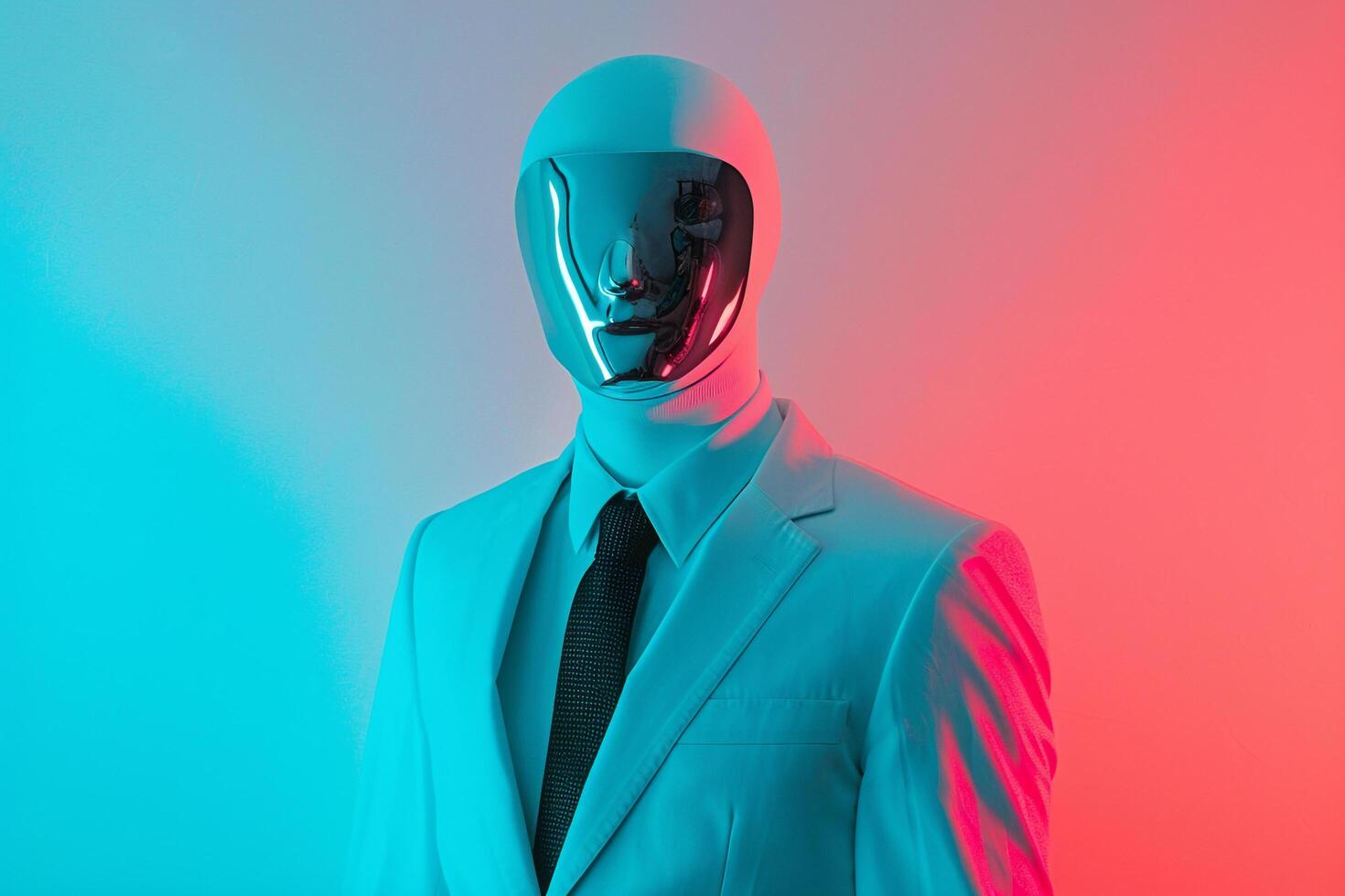 Urban Lifestyle portrait of Male Fashion Model in Casual Suit with Fashion Face Mask and Neon Aqua Background Contemporary Style photo