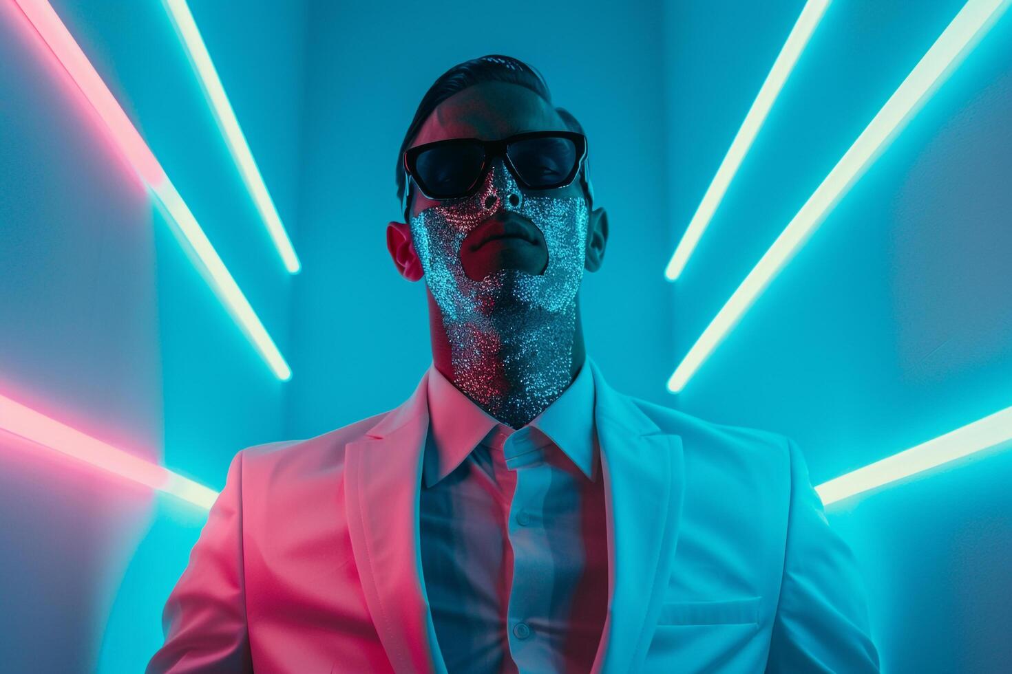 Modern Urban portrait Featuring Male Fashion Model in Casual Suit with Fashion Face Mask and Neon Aqua Background Stylish and Trendy photo
