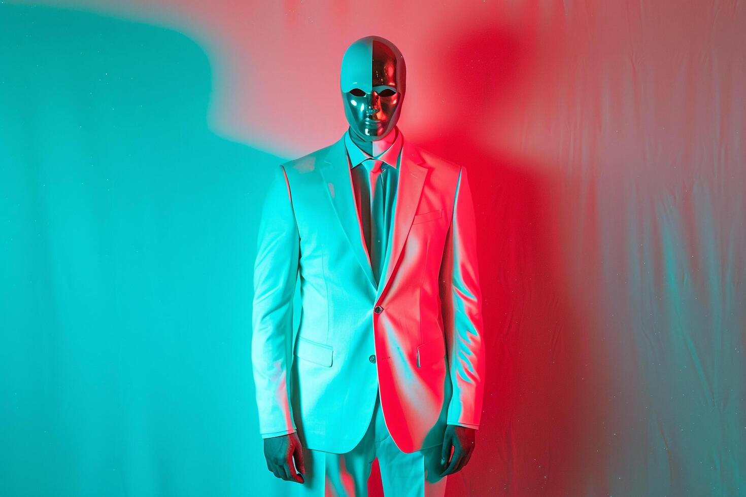 Urban Lifestyle portrait Featuring Male Fashion Model in Casual Suit with Fashion Face Mask and Neon Aqua Background Trendy ensemble photo