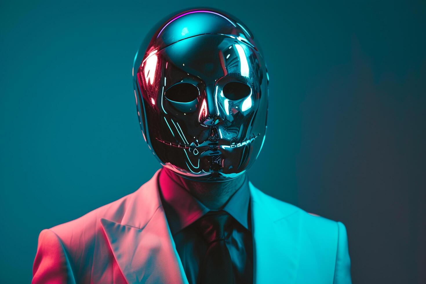 Urban Chic portrait Featuring Male Fashion Model in Casual Suit with Fashion Face Mask and Neon Aqua Background Stylish and Modern photo