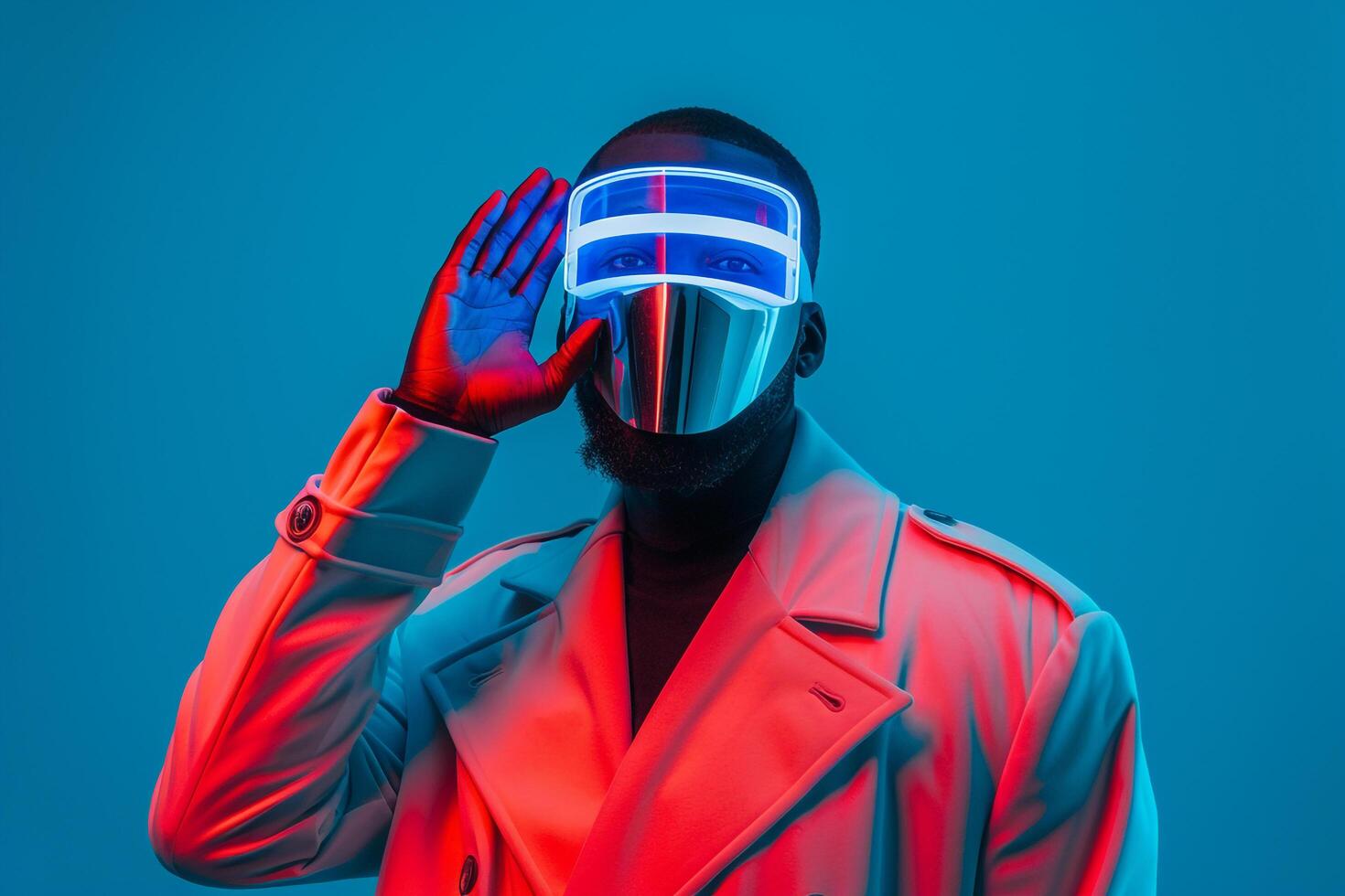 Chic Urban portrait Featuring Male Fashion Model in Trendy Overcoat with Fashion Face Mask and Neon Blue Background Modern Appeal photo