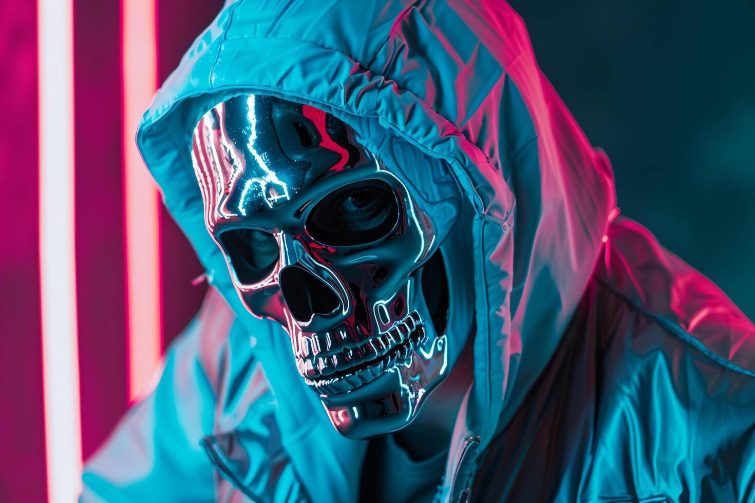 Trendy Jacket with Fashion Face Mask and Neon Aqua Background Male Fashion Model in Males Lifestyle portrait presenting Trendy Fashion photo