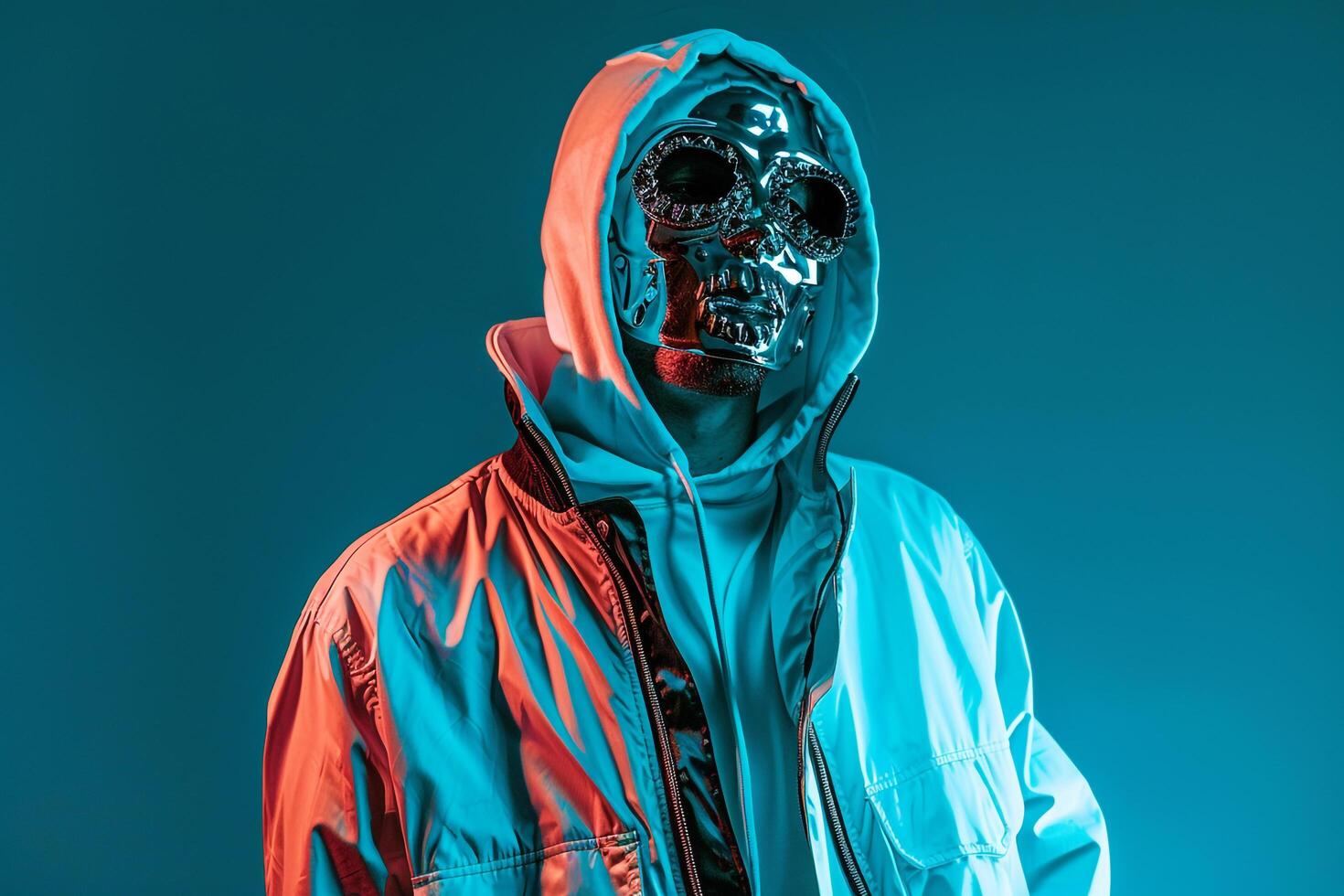 Trendy Jacket with Fashion Face Mask and Neon Aqua Background Male Fashion Model in Males Lifestyle portrait showcasing Contemporary Trends photo