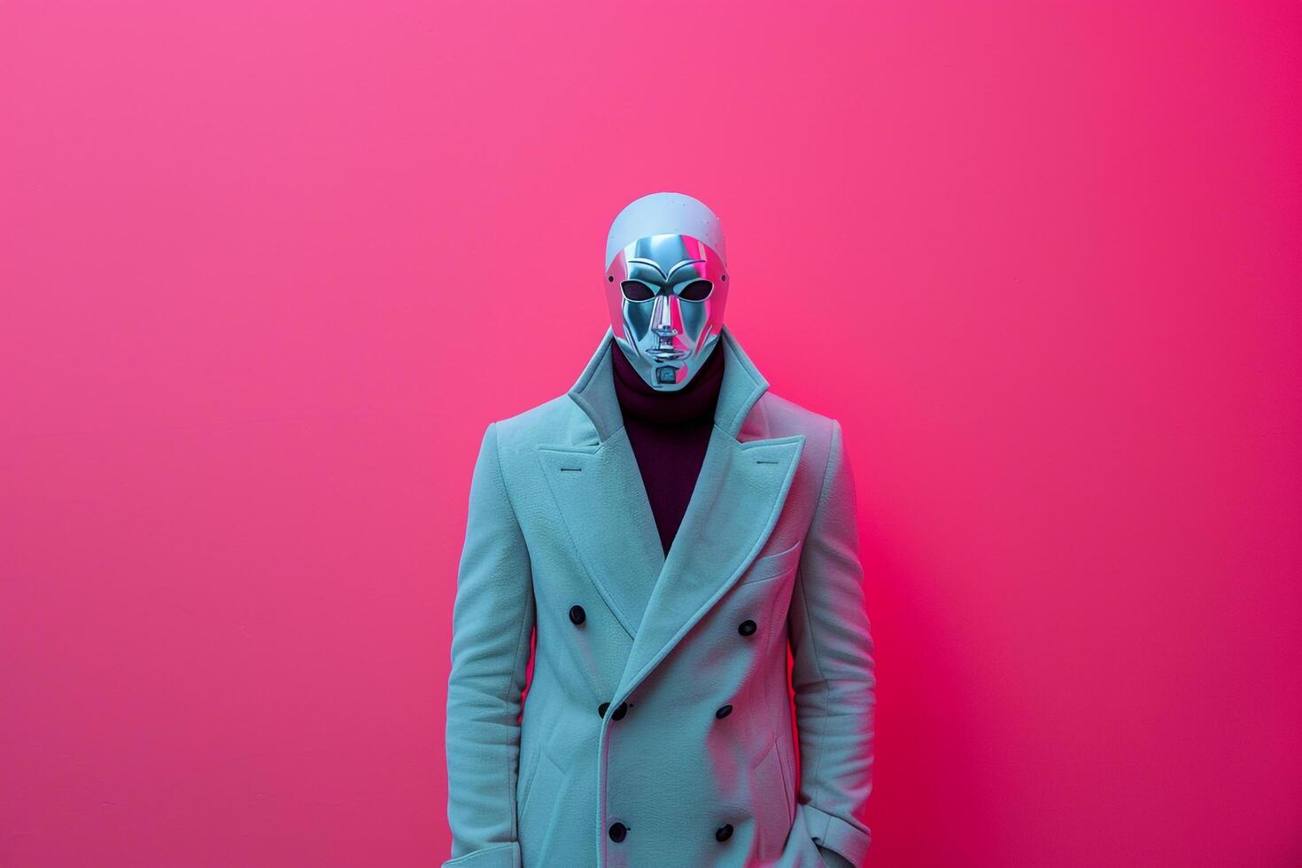 Casual Overcoat with Fashion Face Mask and Neon pink Background Male Fashion Model in Males Lifestyle portrait capturing Stylish Looks photo