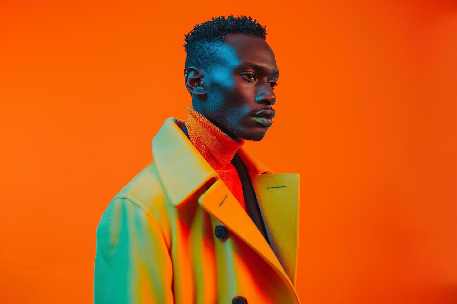 Bright Overcoat with Neon Orange Background Male Fashion Model in Males Lifestyle portrait featuring Vibrant Trends and Bold Fashion photo