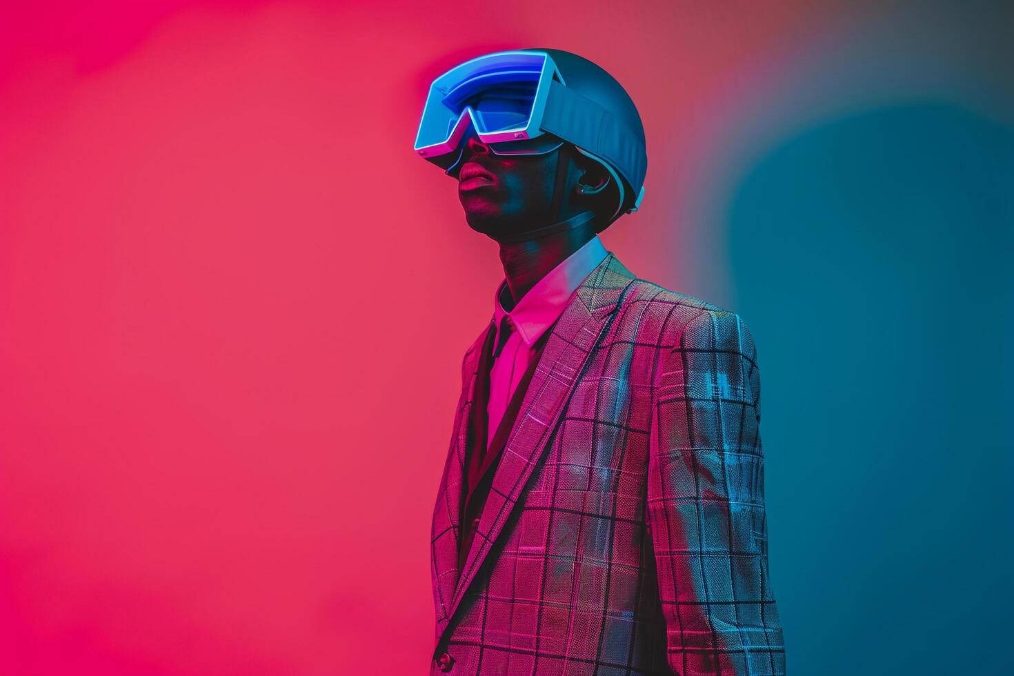 Casual Suit with Neon Blue Ski Mask and pink Background Male Fashion Model in Males Lifestyle portrait highlighting Bold Trends and Modern Fashion photo