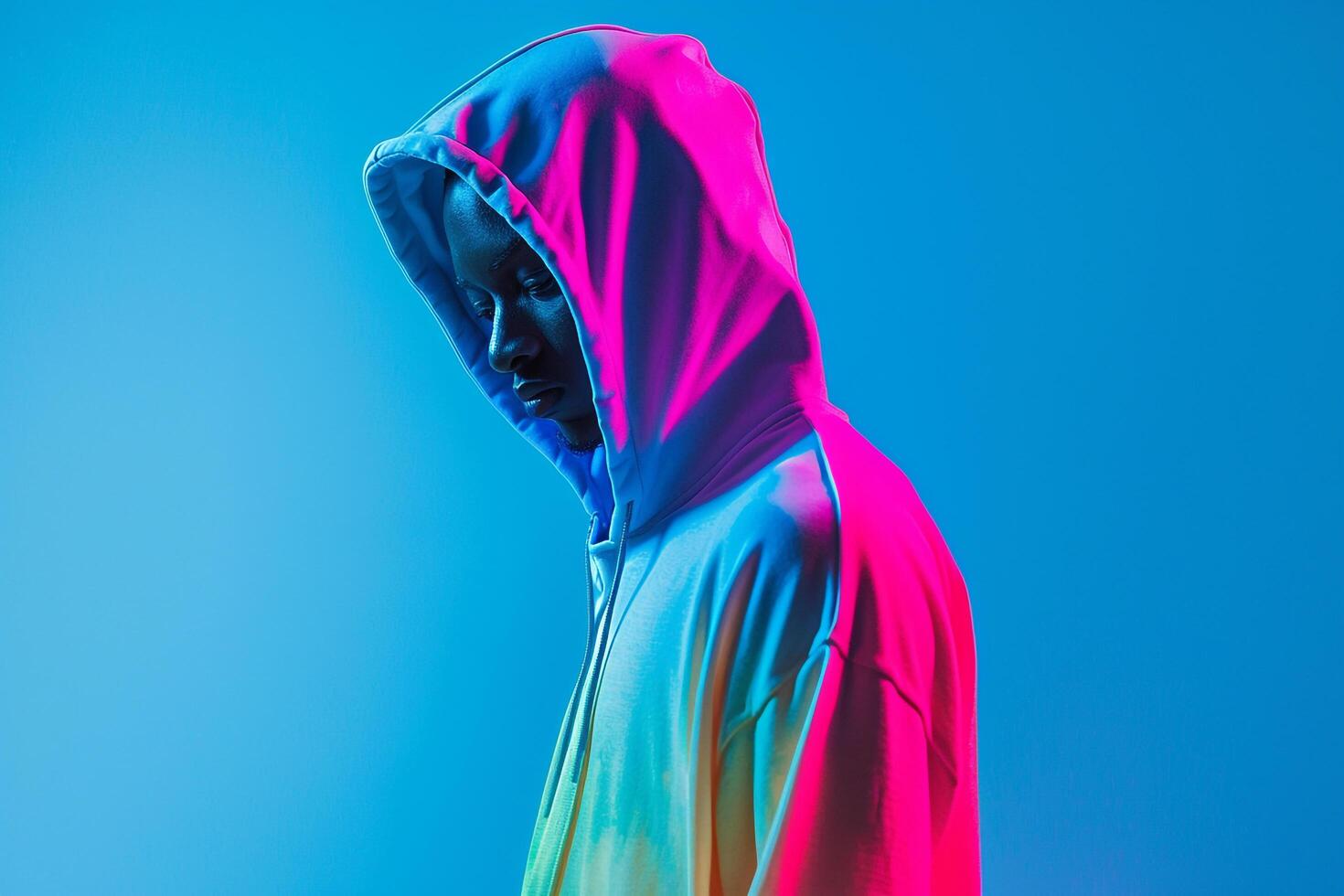 Bright Hoodie with Neon Aqua Background Male Fashion Model Showcasing Trendy Details and Urban Fashion in a Contemporary Males Lifestyle portrait photo