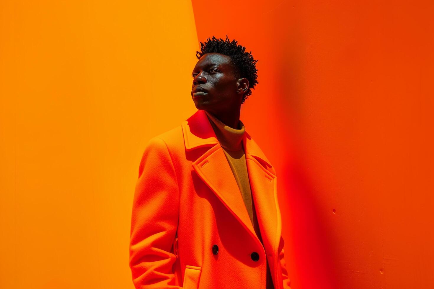 Bright Overcoat with Neon Orange Background Male Fashion Model Showcasing Modern Style and Vibrant Trends in a Dynamic Males Lifestyle portrait photo