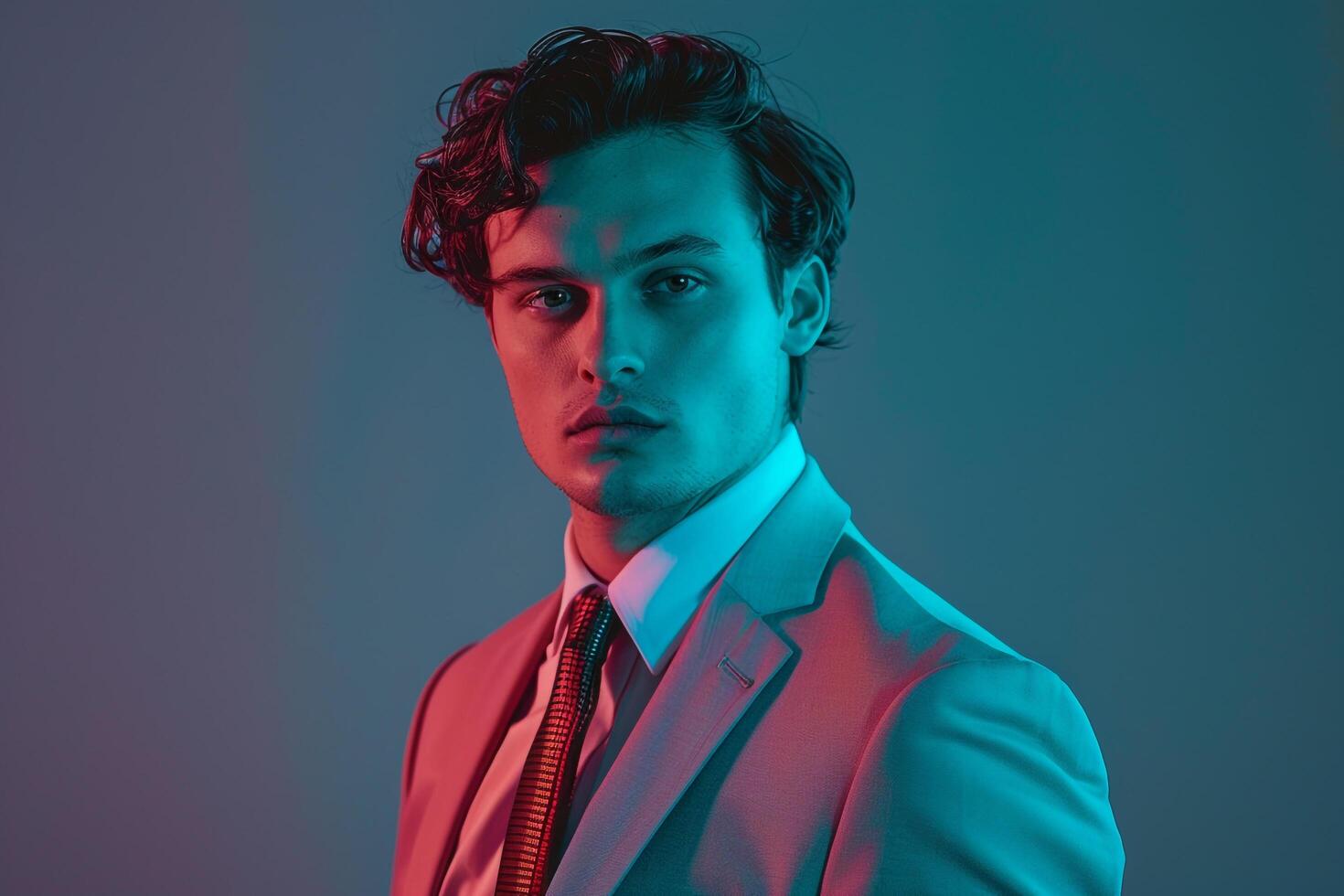 Formal Suit with Neon Aqua Background Male Fashion Model Featuring elegant Design and Timeless Fashion in a Sophisticated Males Lifestyle portrait photo