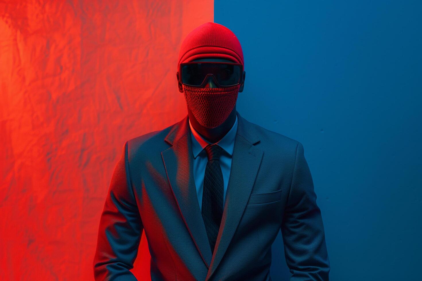 Classic Blazer with Neon Red Ski Mask and Neon Background Male Fashion Model Showcasing Bold Fashion and Urban Style in a Contemporary Males Lifestyle portrait photo