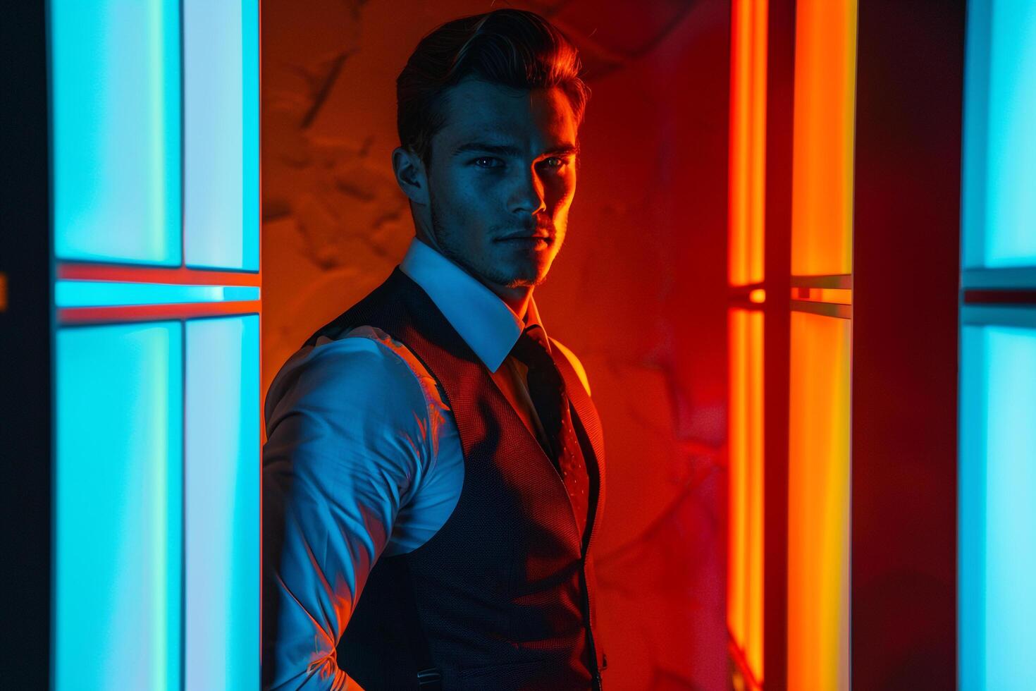 Tailored Vest with Neon Background Male Fashion Model presenting Trendy Fashion and Classic elegance in a Modern Males Lifestyle portrait photo
