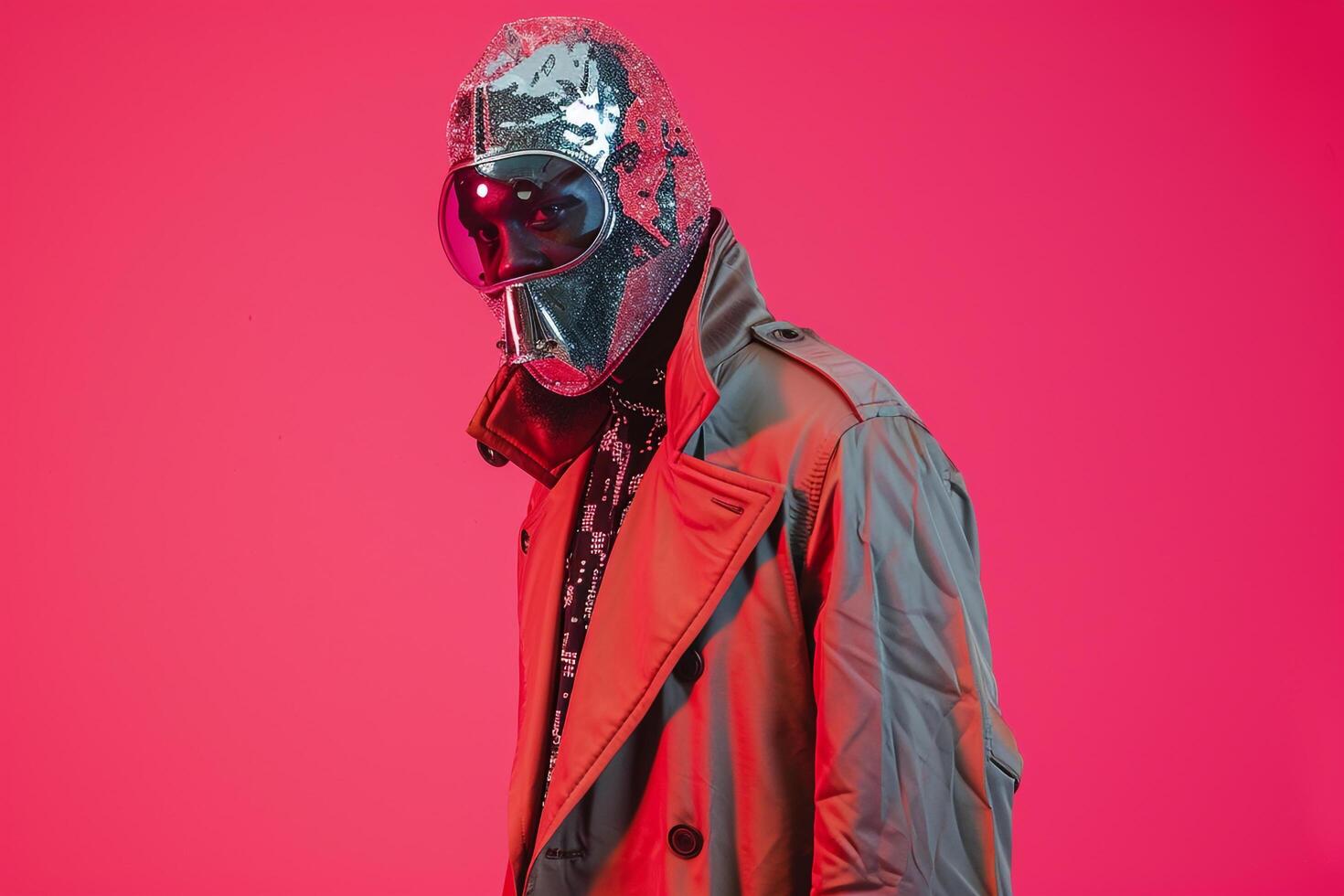 Casual Overcoat with Fashion Face Mask and Neon Background Male Fashion Model presenting Modern Fashion and Trendy Style in a Stylish Males Lifestyle portrait photo