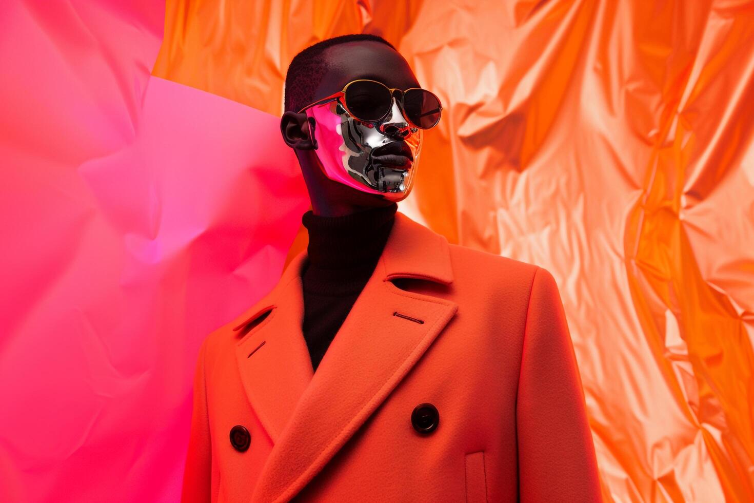Casual Overcoat with Fashion Face Mask and Neon Background Male Fashion Model Reflecting Modern Trends and Trendy Style in a Contemporary Males Lifestyle portrait photo