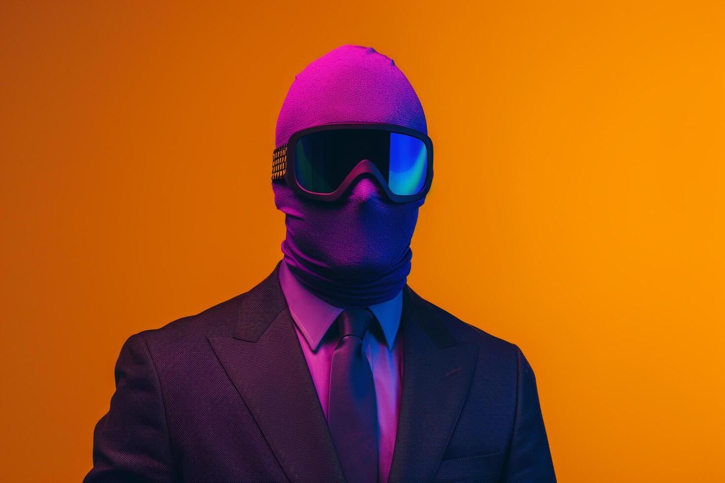 Classic Suit with Neon purple Ski Mask and Neon Orange Background Male Fashion Model Featuring Bold Fashion and Trendy Details in a Stylish Males Lifestyle portrait photo