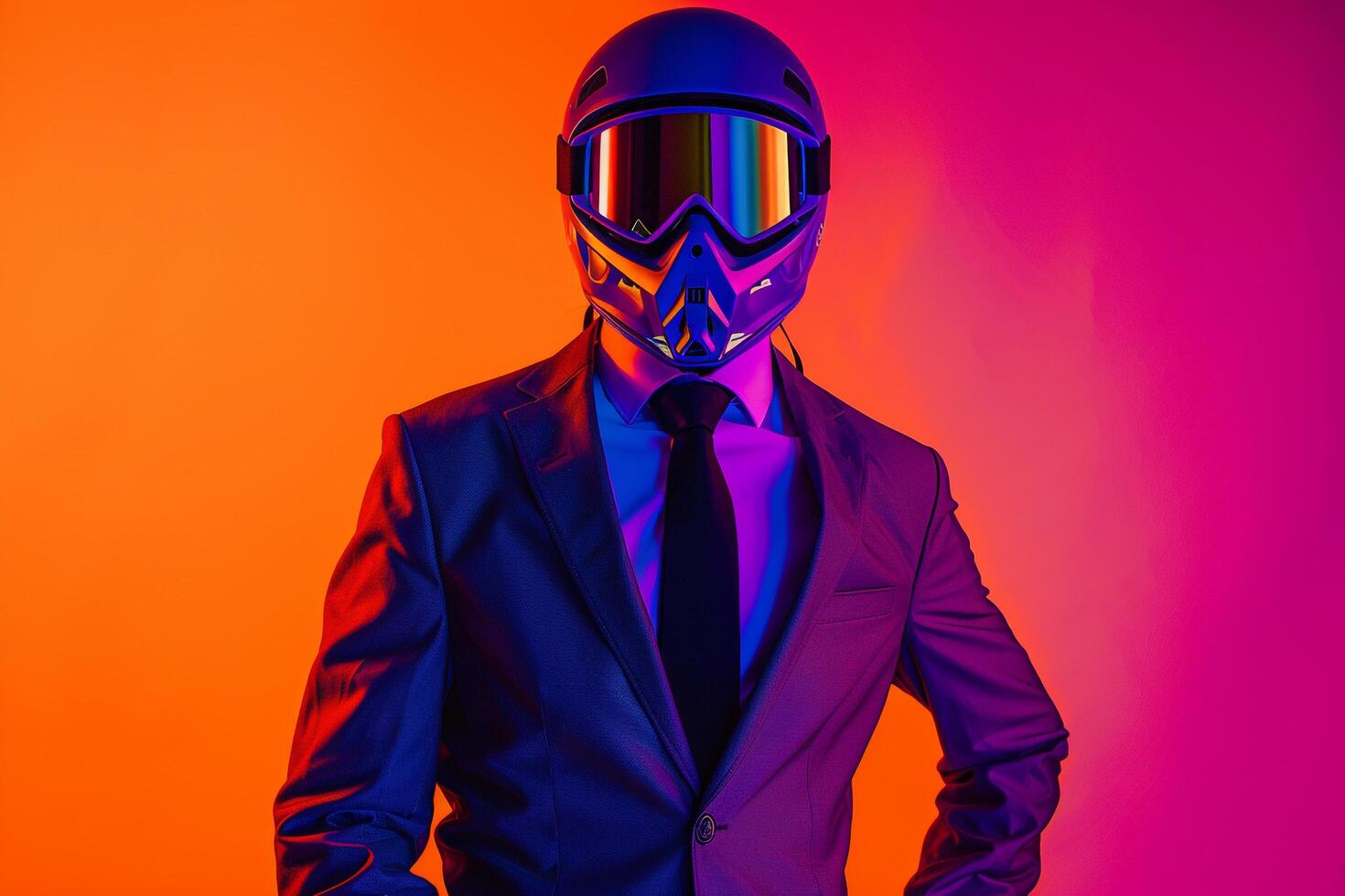 Classic Suit with Neon purple Ski Mask and Neon Orange Background Male Fashion Model Showcasing Urban Style and Modern Trends in a Bold Males Lifestyle portrait photo