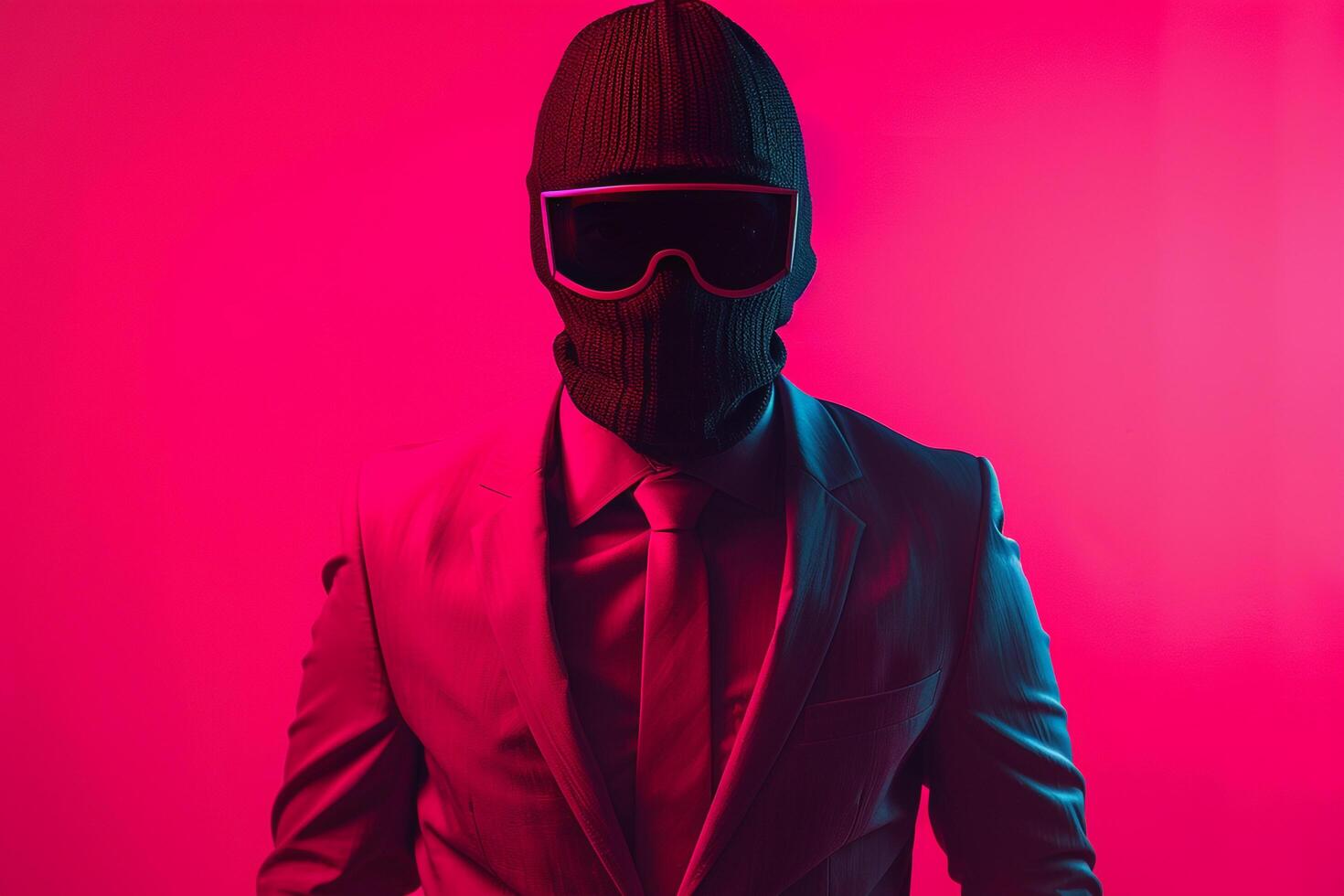 Classic Suit with Neon Black Ski Mask and Neon pink Background Male Fashion Model presenting Trendy Fashion and Bold Trends in a Stylish Males Lifestyle portrait photo