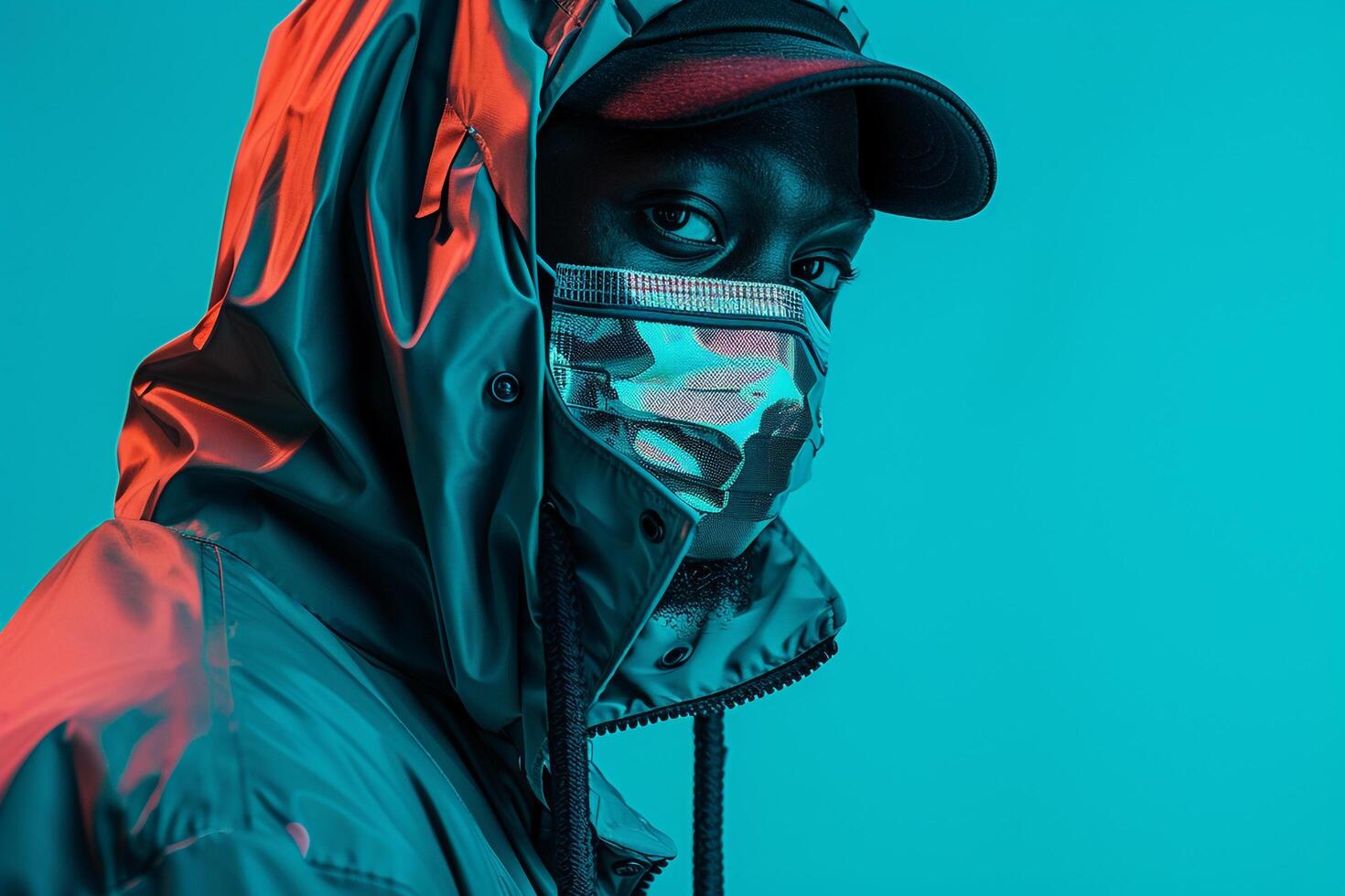 Neon Teal Trendy Jacket Male Fashion portrait Featuring a Stylish Trendy Jacket with a Vibrant Neon Teal Background for a Modern and Fashionable Lifestyle photo