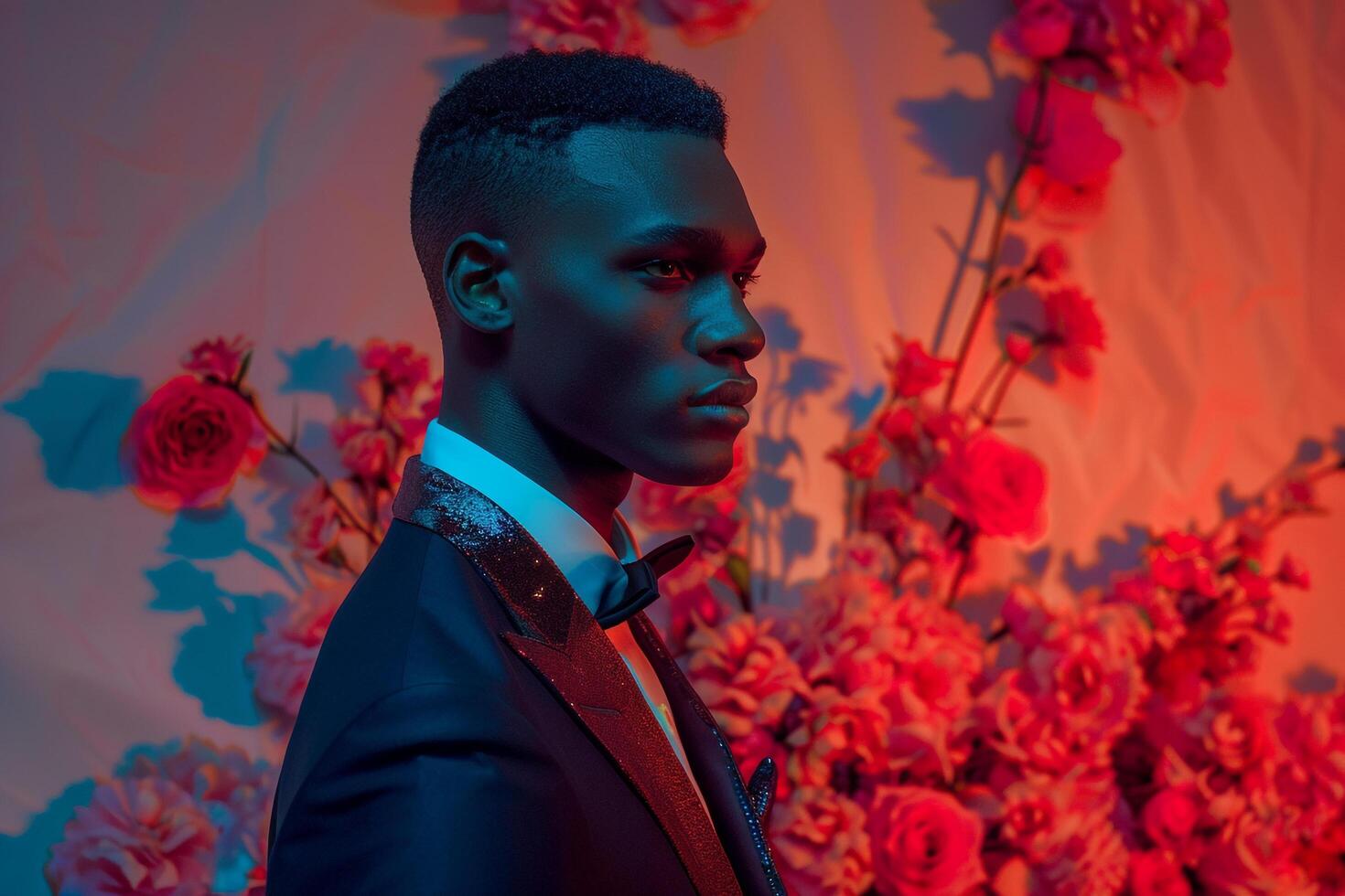 Classic Suit with Neon Coral Modern Male Fashion portrait Featuring a Chic Classic Suit and Neon Coral Background for a Stylish and Trendy Look photo
