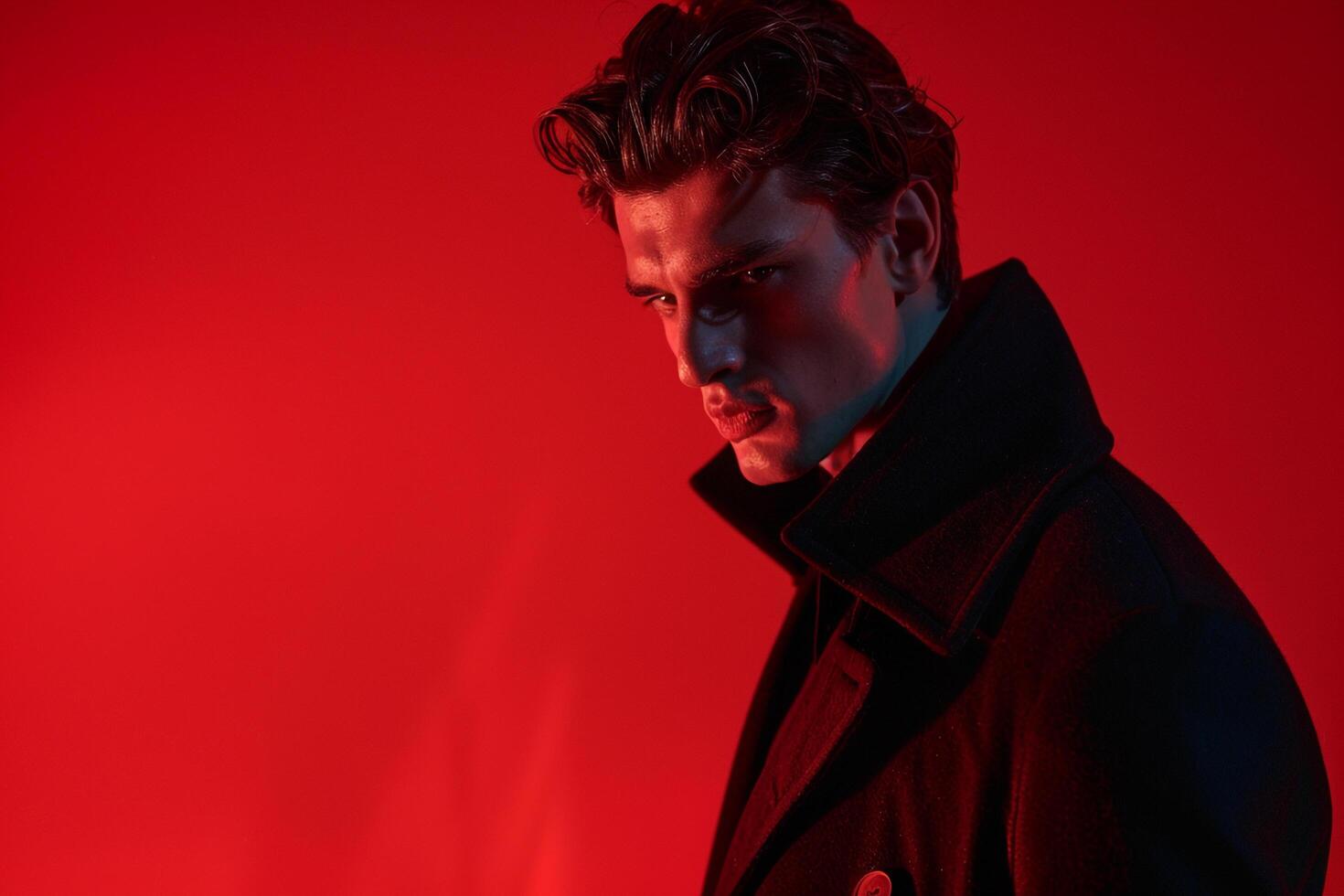 Tailored Coat with Neon Red Stylish Male portrait Featuring a Tailored Coat and Neon Red Background for a Contemporary Look photo