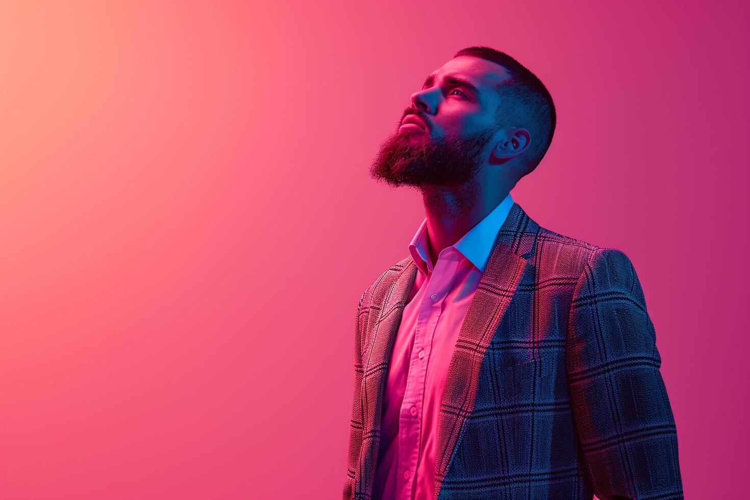 Slim Fit Jacket with Neon pink Trendy Male Fashion portrait Featuring a Slim Fit Jacket and Neon pink Background for a Stylish Look photo