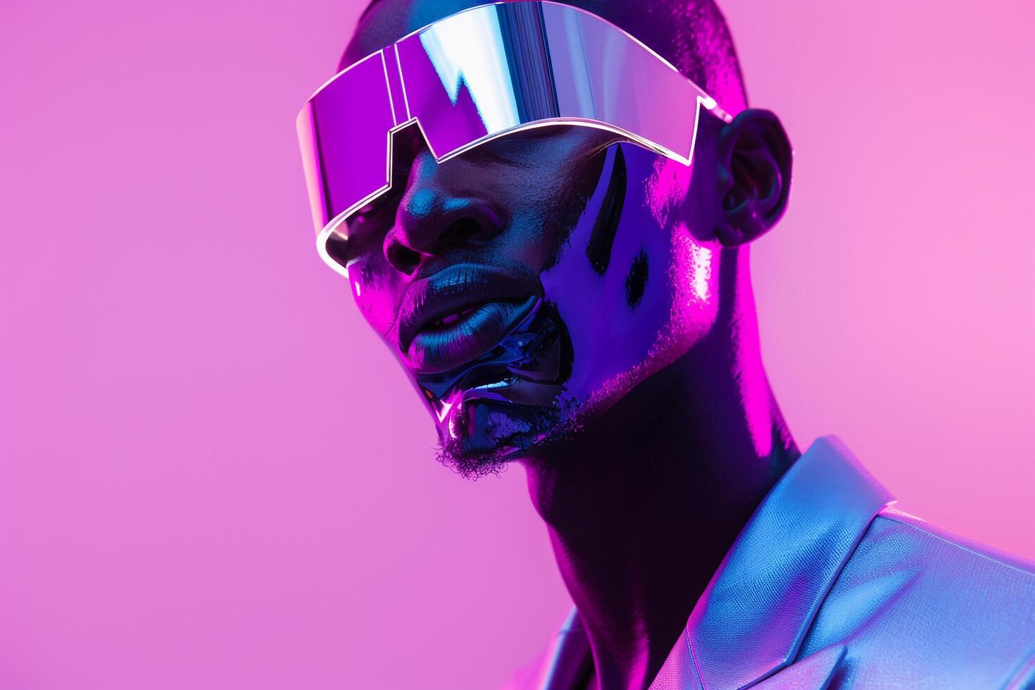 Trendy Blazer with Face Mask and Neon purple Stylish Male Fashion portrait Featuring a Trendy Blazer and Face Mask with Neon purple Background photo