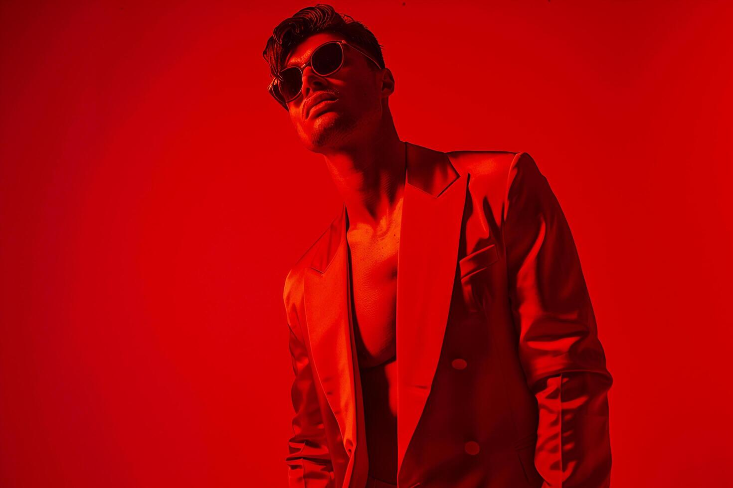 Jumpsuit with Neon Red Trendy Male Fashion portrait Featuring a Jumpsuit and Neon Red Background for a Contemporary Style photo