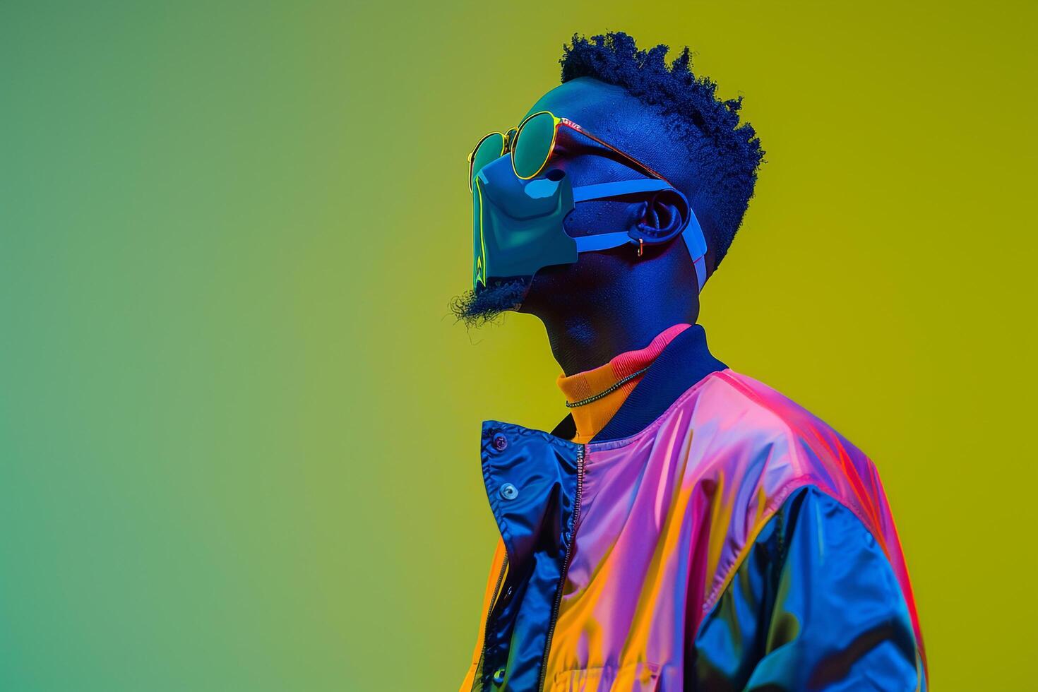 Casual Jacket with Face Mask and Neon Green Modern Male Fashion portrait Featuring a Casual Jacket and Face Mask with Neon Green Background photo