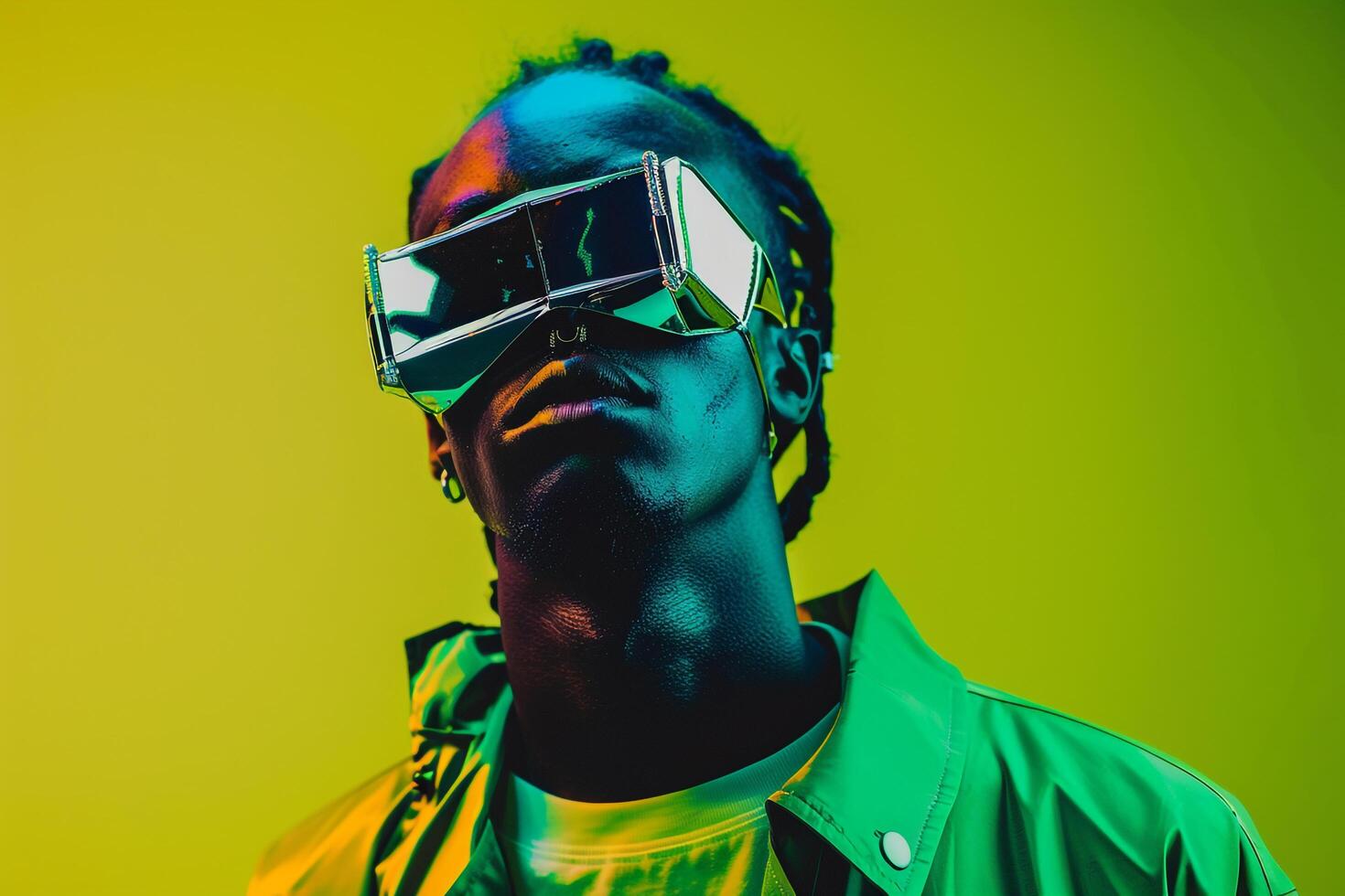 Casual Jacket with Face Mask and Neon Green Stylish Male Fashion portrait Featuring a Casual Jacket and Face Mask with Neon Green Background photo