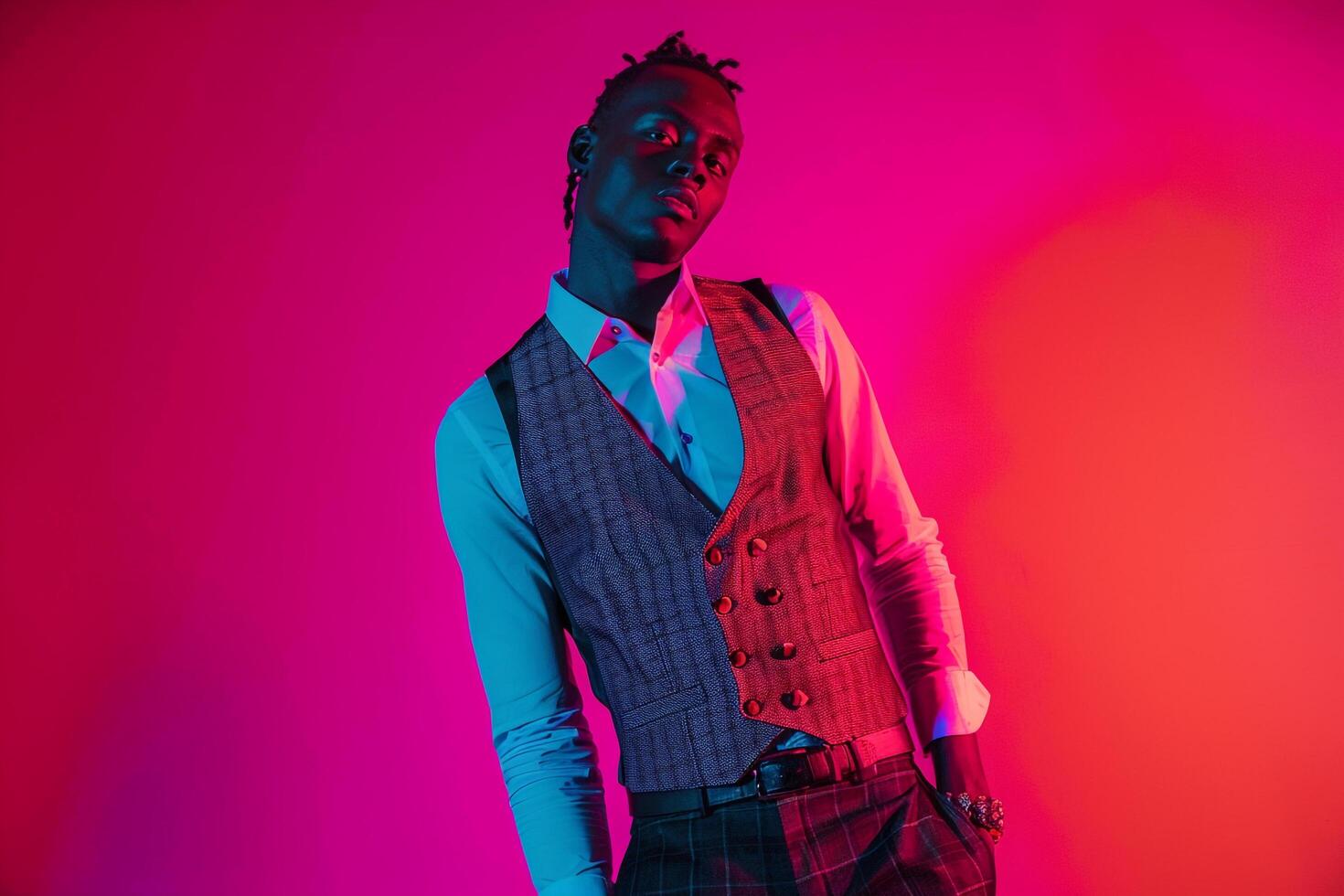 Trendy Tailored Vest for Male in Neon pink Background Ideal for Modern Males Fashion in Bold Bright Lifestyle environMalets photo