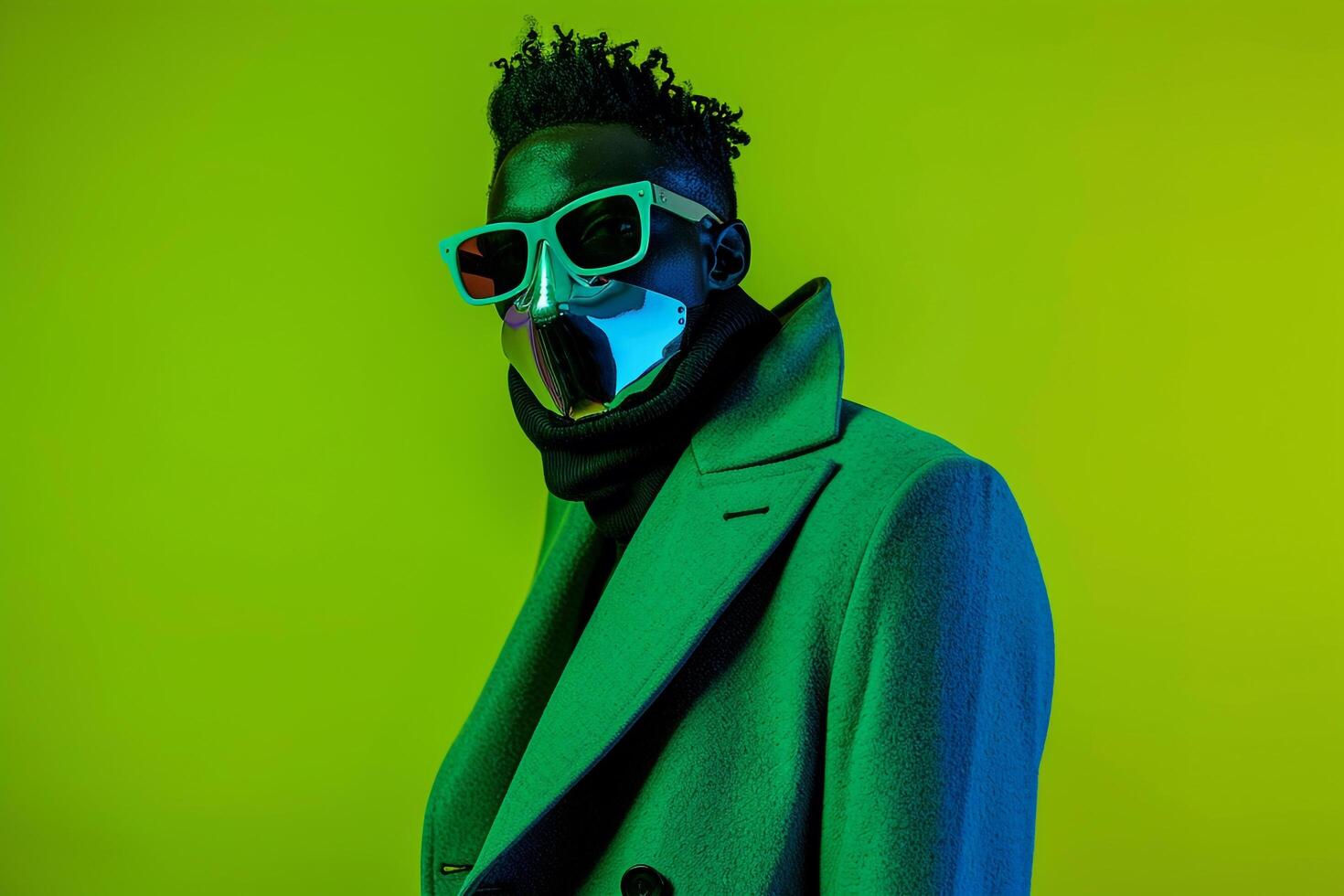 Stylish Trendy Overcoat with Face Mask for Male in Neon Green Background Ideal for Trendsetting Fashion in Vibrant Lifestyle environMalets photo