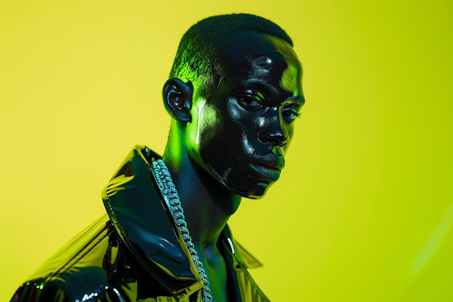 Casual Jacket for Male with Face Mask and Neon Green Background perfect for Trendsetting and Modern Males Fashion in Vibrant Settings photo