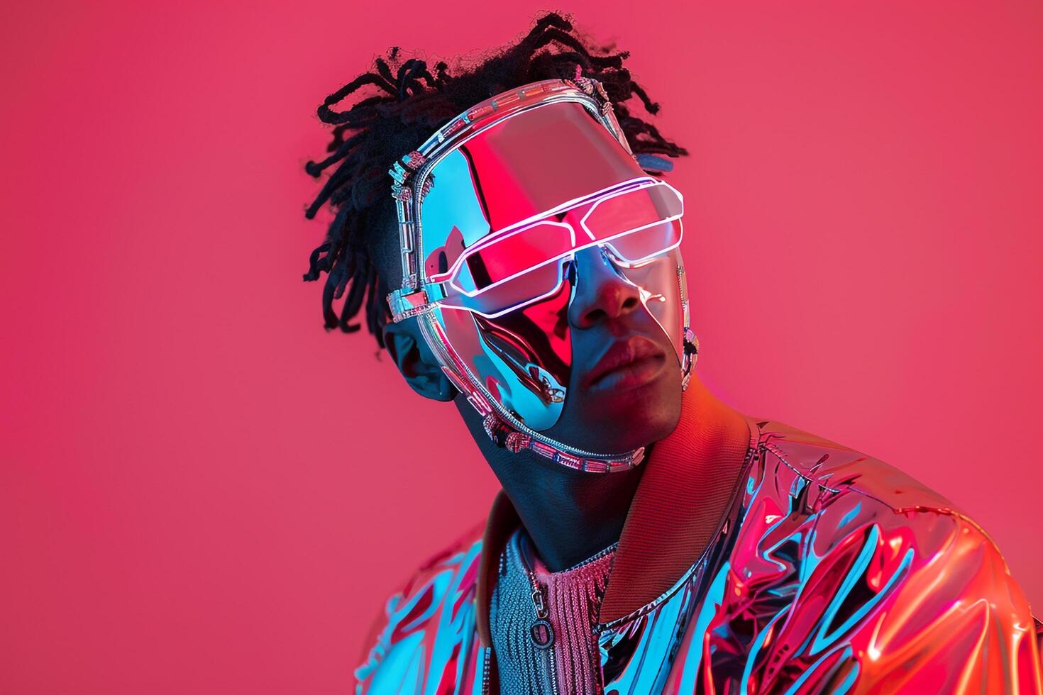 Casual Jacket with Face Mask for Male Neon Coral Background for Modern Fashion and Lifestyle Setting photo