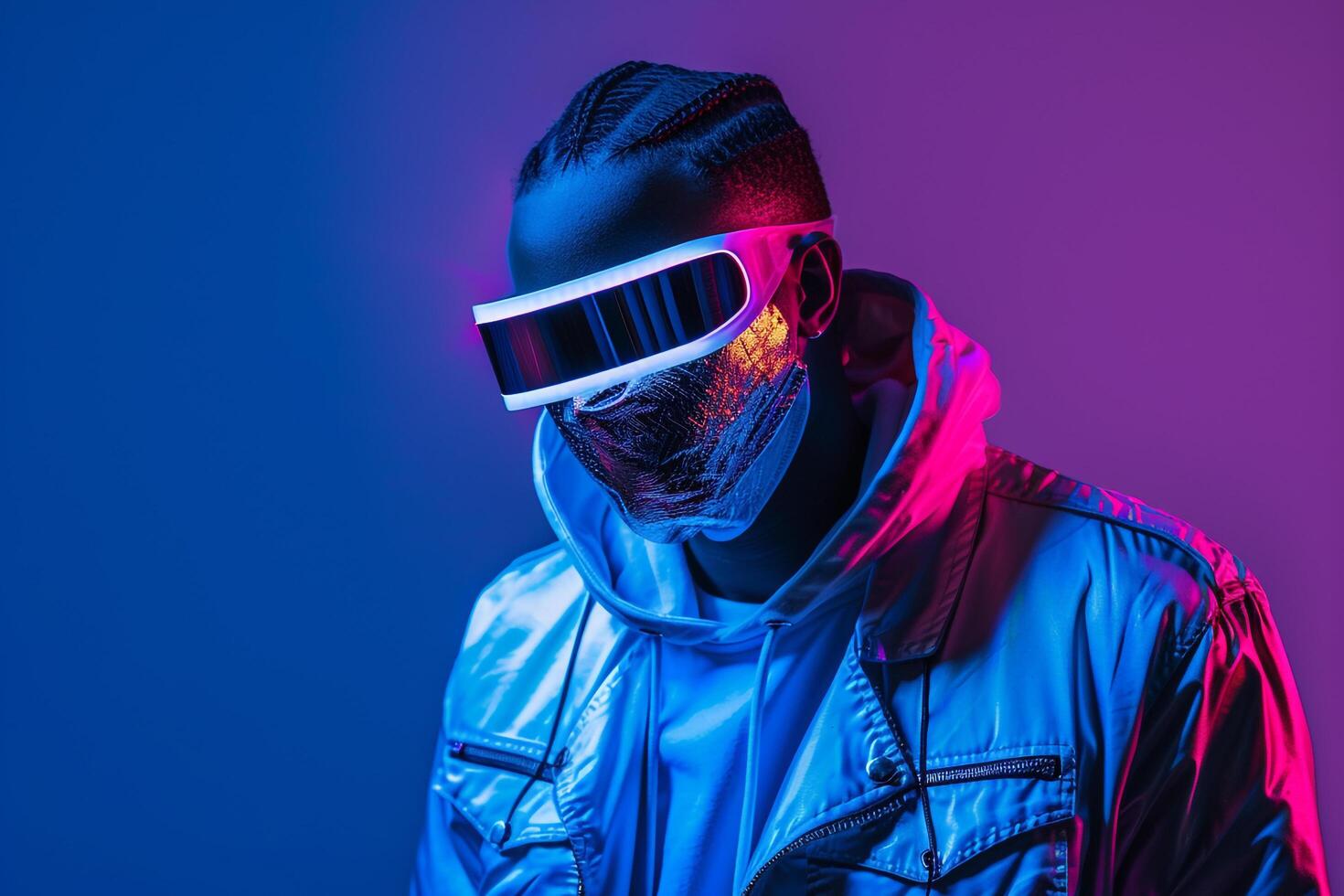 Trendy Jacket in Male Fashion with Fashion Face Mask and Neon Blue Lifestyle portrait Background photo