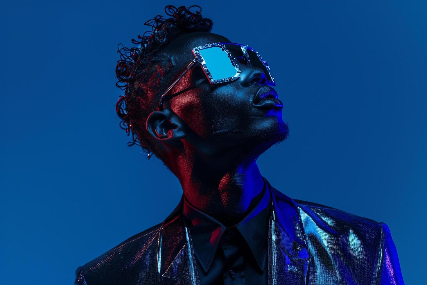 Males Casual Blazer with Fashion Face Mask and Neon Blue portrait Lifestyle Background photo