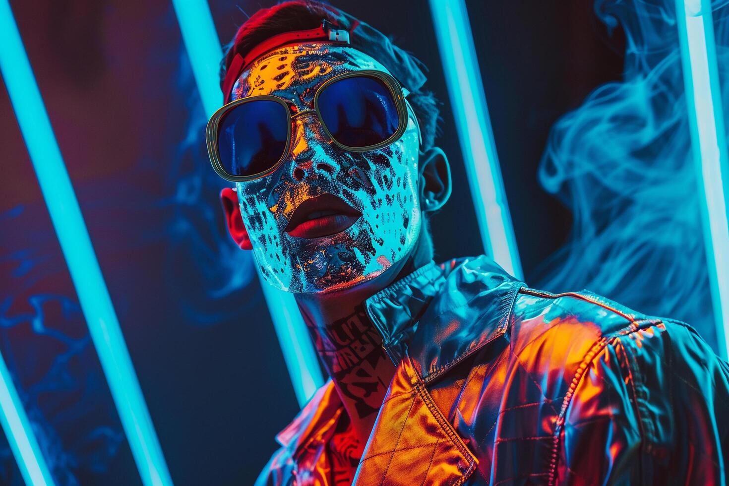 Trendy Jacket for Male with Fashion Face Mask and Neon Blue portrait Lifestyle Background photo
