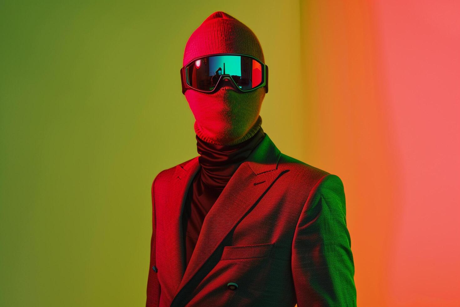 Fashion Model in Casual Suit with Neon Red Ski Mask and Neon Green Background Stylish Male Lifestyle photo