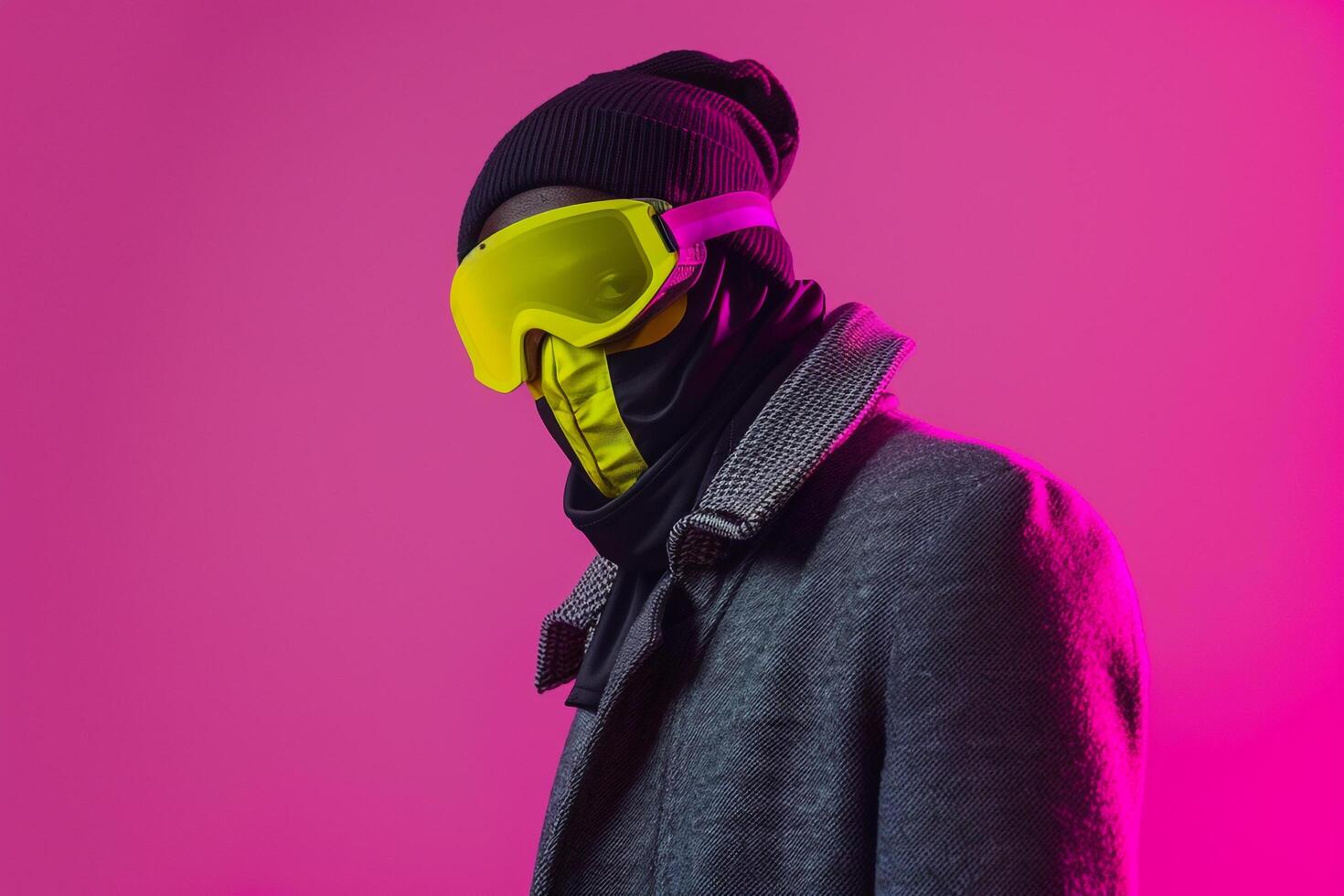 Chic Fashion Model in Trendy Overcoat with Neon Yellow Ski Mask and Neon pink Background Stylish Male portrait photo