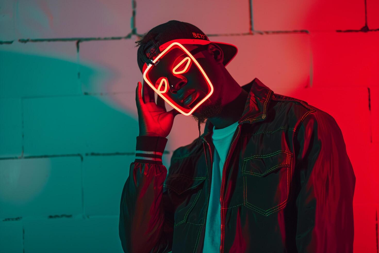 Fashion Model in Trendy Jacket with Neon Red Sneaker Mask and Neon Green Background Contemporary Male Lifestyle photo