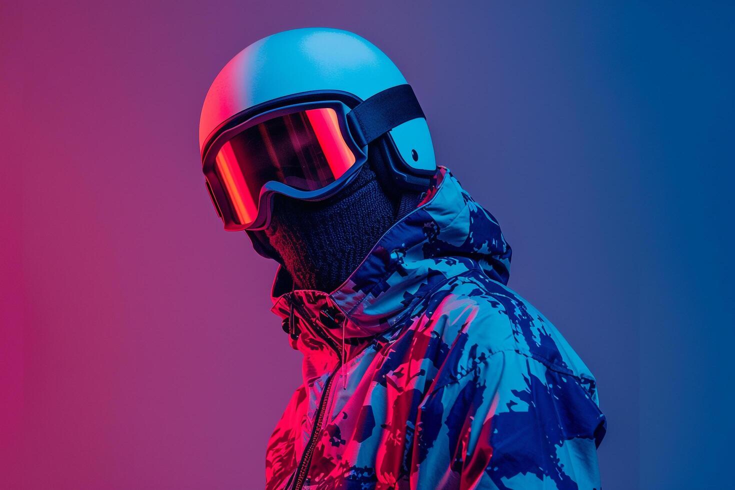 elegant Fashion Model in Trendy Jacket with Neon Red Ski Mask and Neon Blue Background Modern Male portrait photo