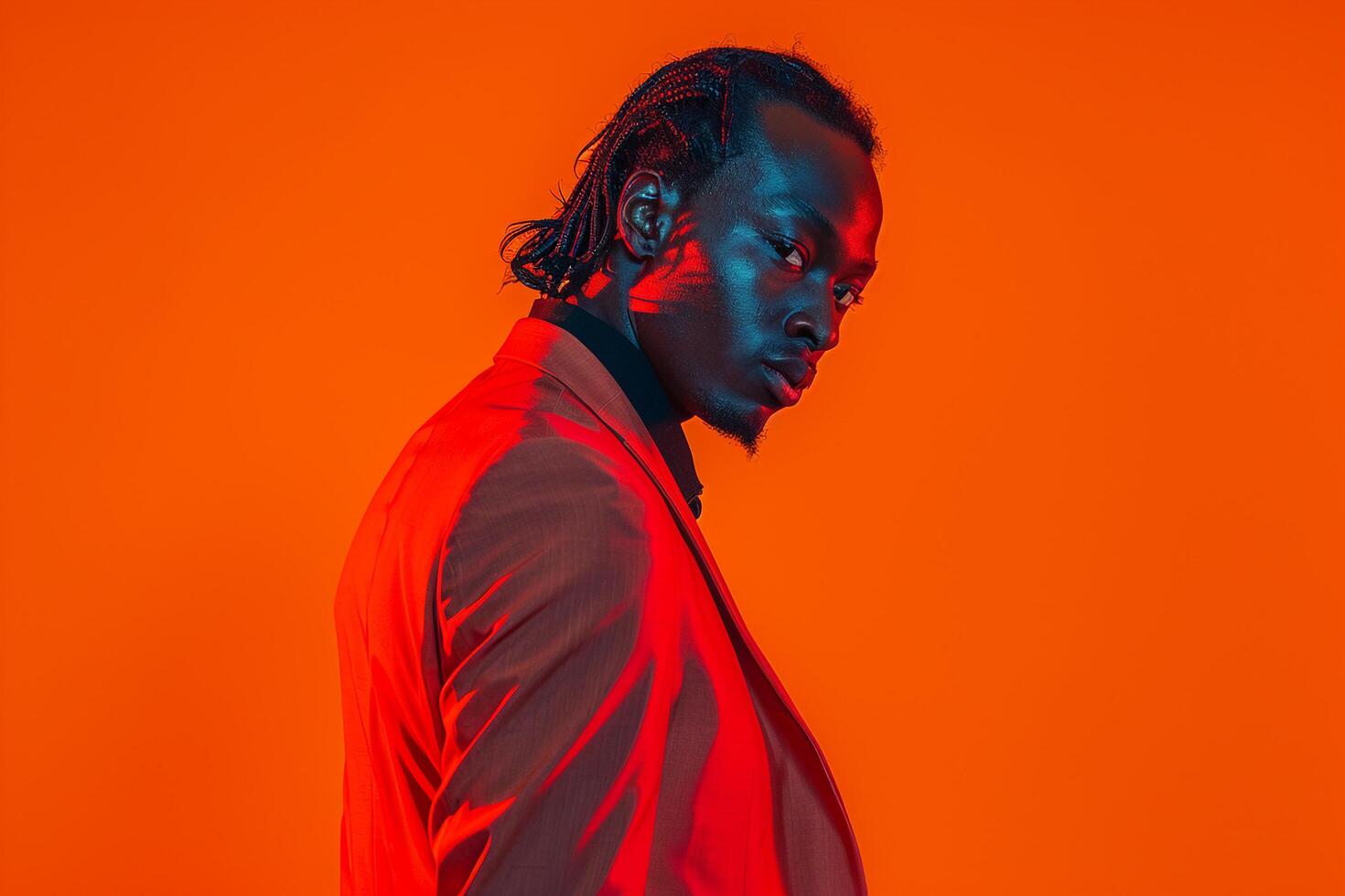 Fashion Model in Tailored Jacket with Neon Orange Background Stylish Male portrait photo