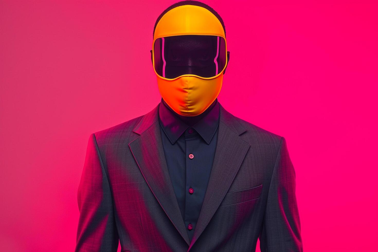 Fashion Model in Casual Suit with Neon Yellow Ski Mask and Neon pink Background Modern Male portrait photo