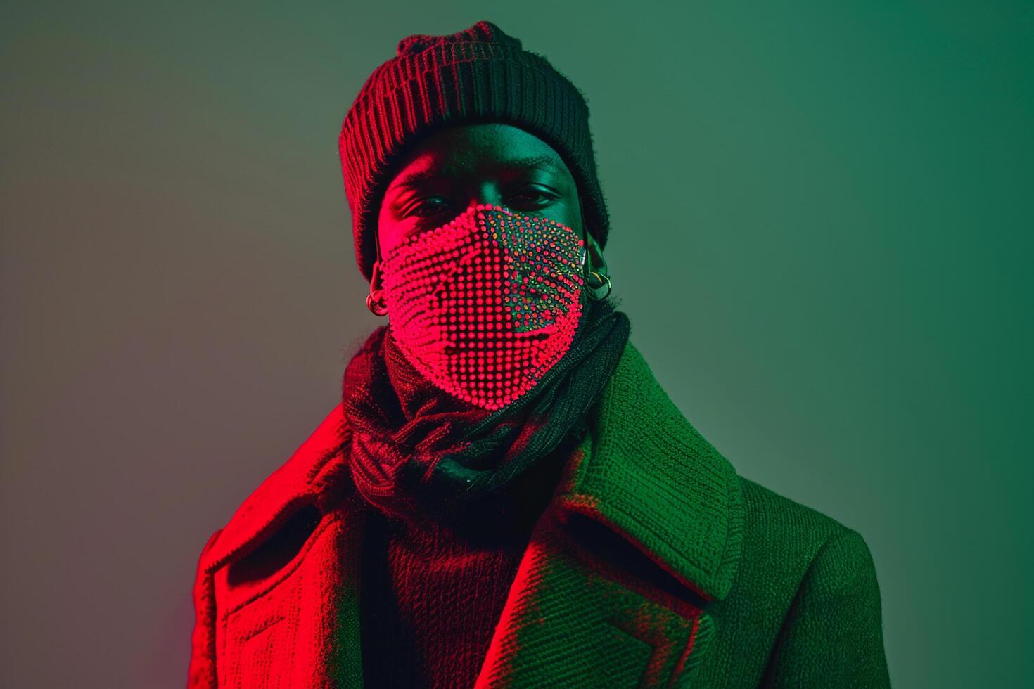 Fashion Model in Trendy Overcoat with Neon Red Ski Mask and Neon Green Background Stylish Male Lifestyle photo