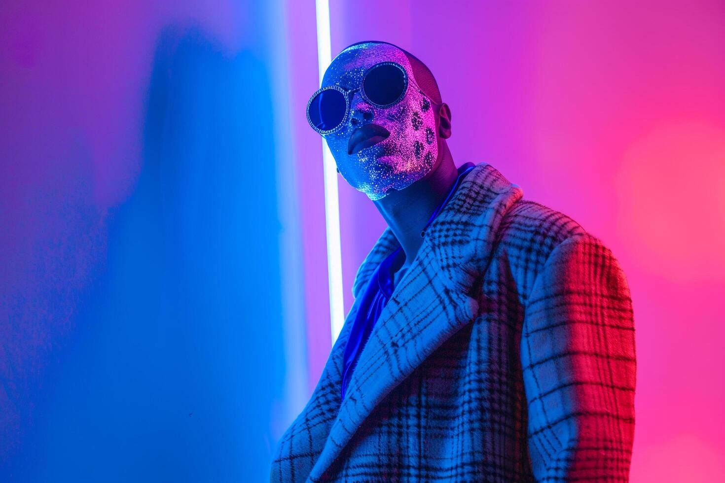 Trendy Fashion Model in Overcoat with Face Mask and Neon Blue Background Stylish Male portrait photo