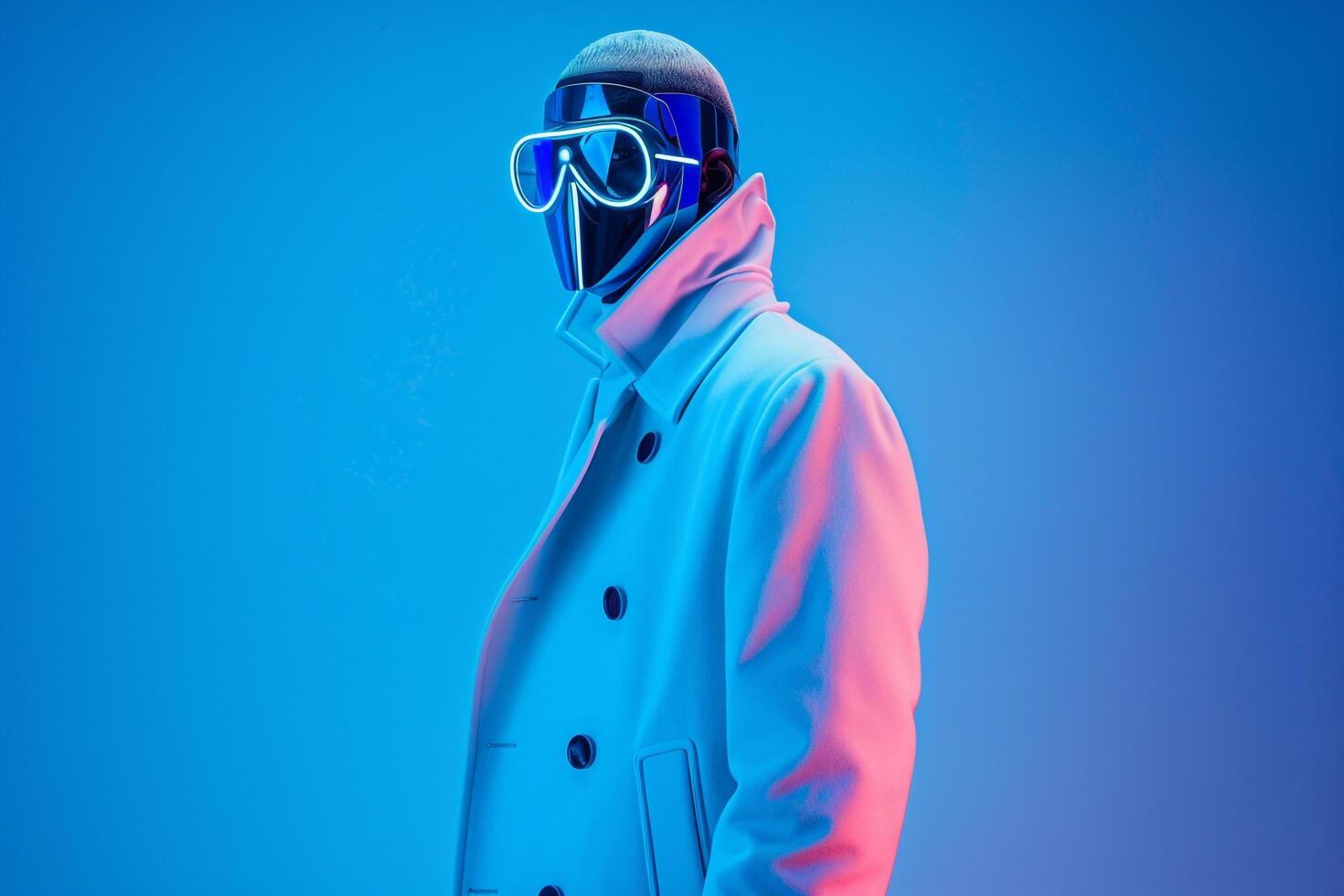 Handsome Fashion Model in Trendy Overcoat with Males Fashion Face Mask and Neon Blue Background Stylish portrait photo